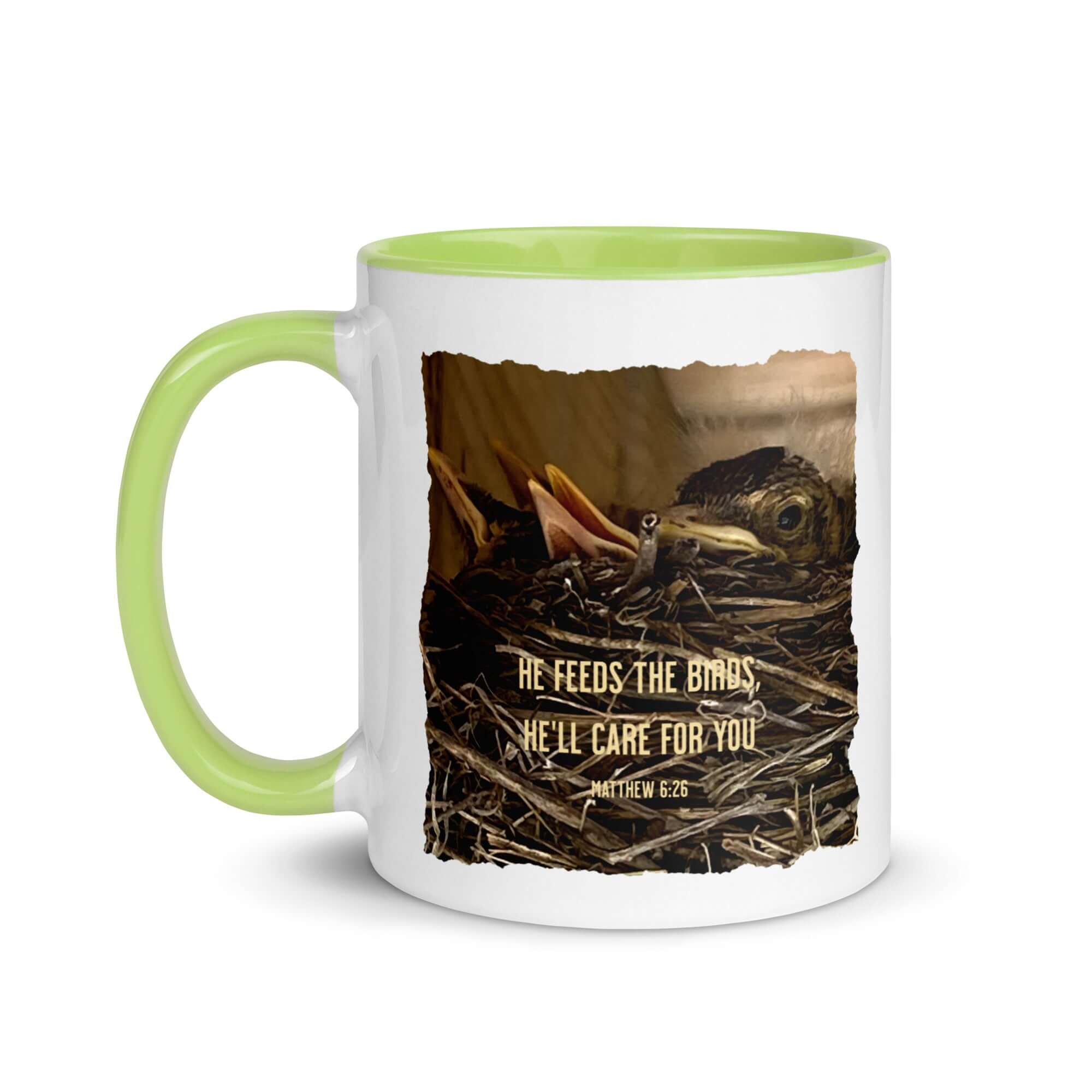 Matthew 6:26 Baby Robins, He'll Care for You White Ceramic Mug with Color Inside