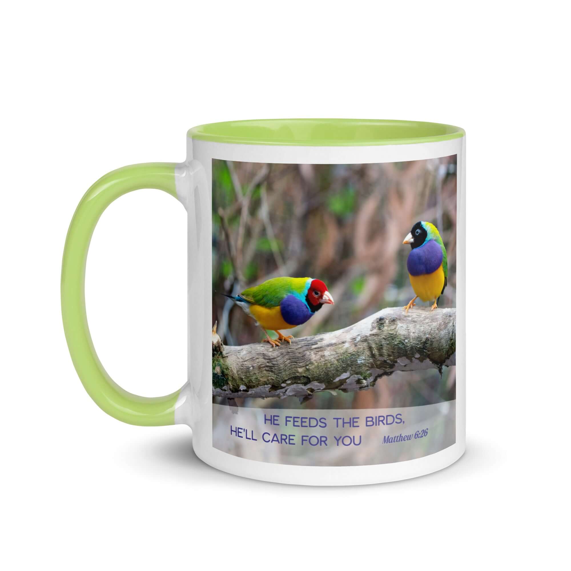 Matthew 6:26 Gouldian Finches, He'll Care for You White Ceramic Mug with Color Inside