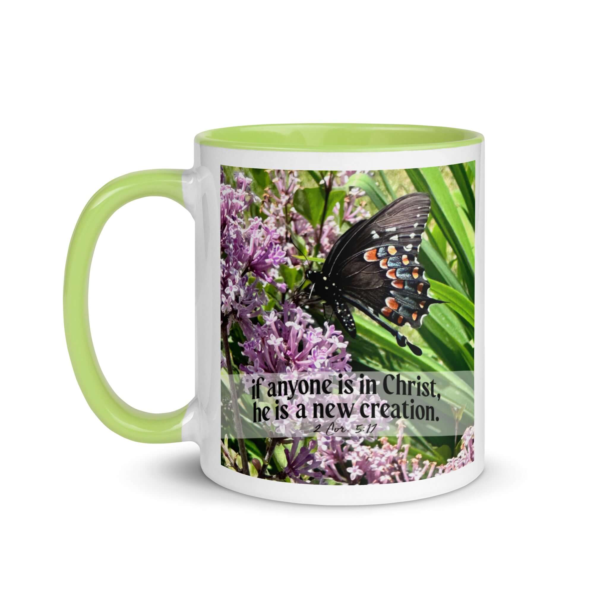 2 Corinthians 5:17 Bible Verse, Butterfly White Ceramic Mug with Color Inside