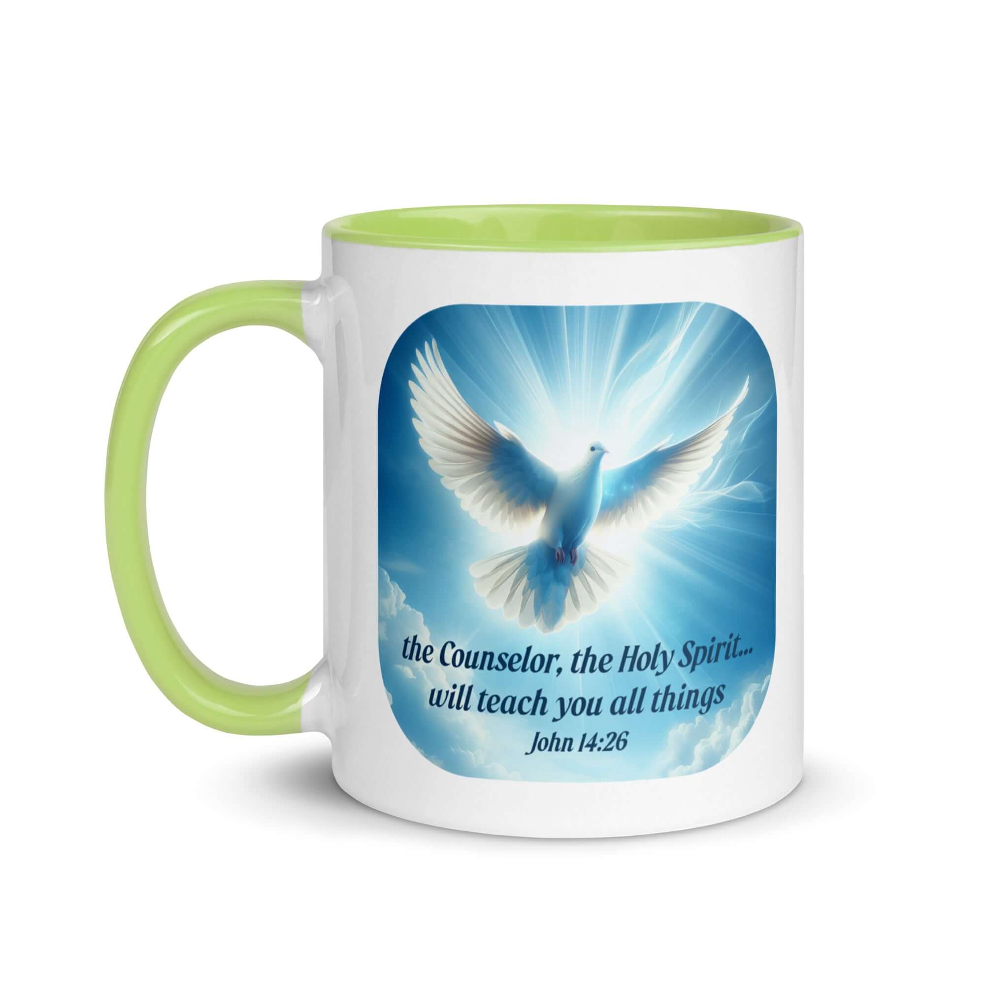 John 14:26 Bible Verse, Holy Spirit Dove White Ceramic Mug with Color Inside