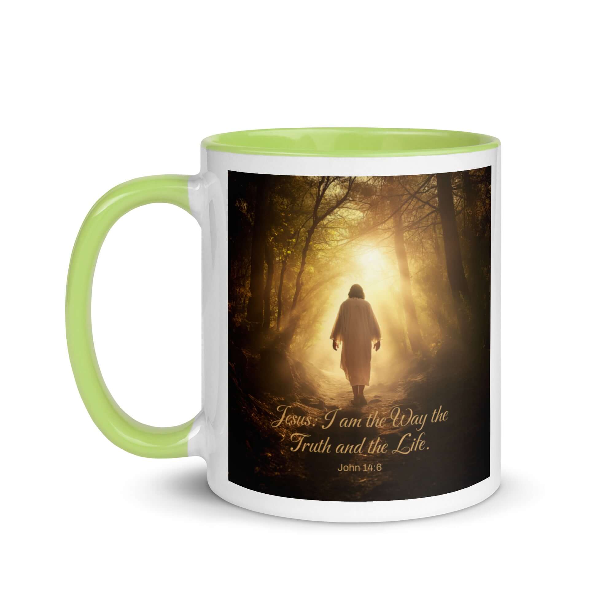 John 14:6 Bible Verse, Forest Image White Ceramic Mug with Color Inside