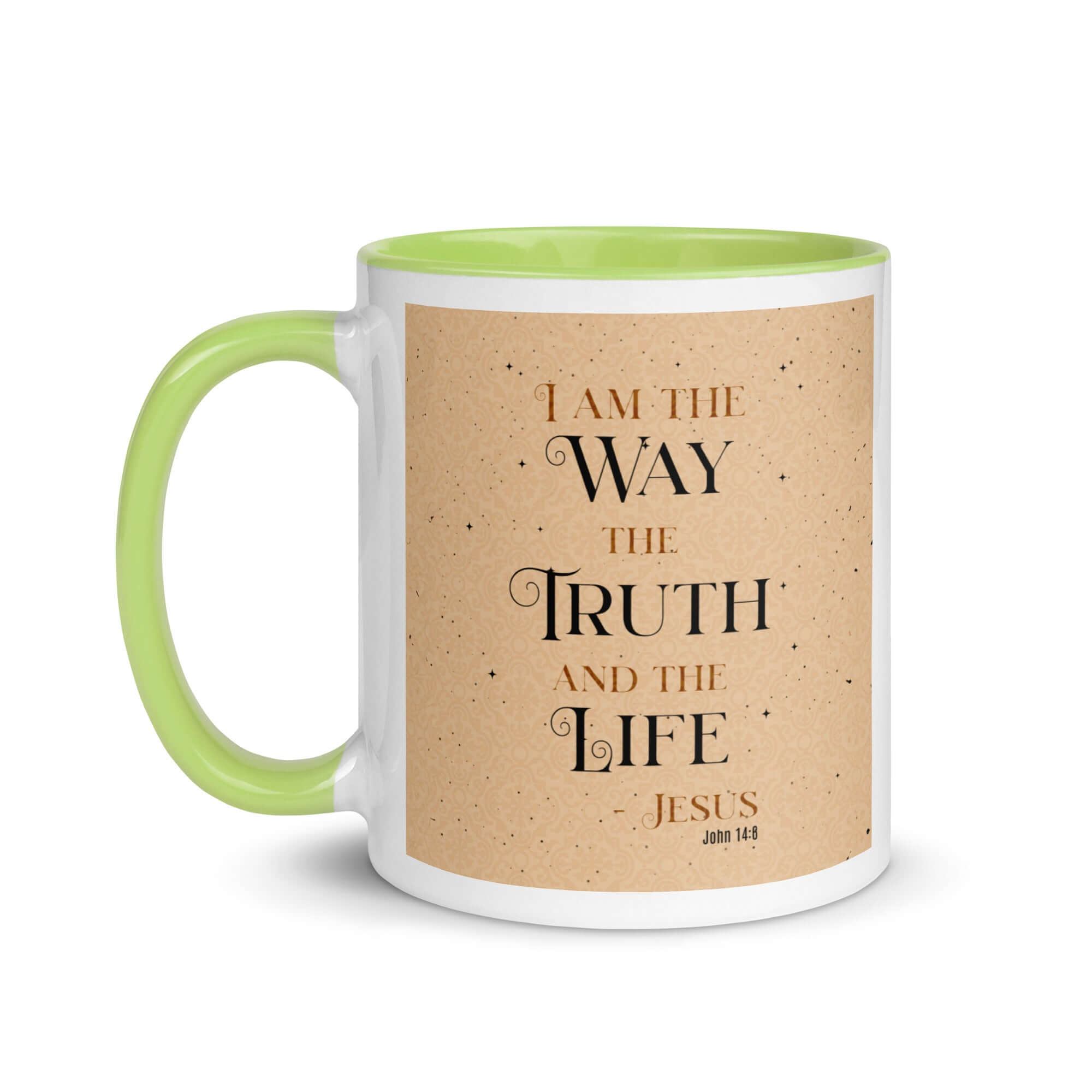 John 14:6 Bible Verse, Color Text Brown Background White Ceramic Mug with Color Inside