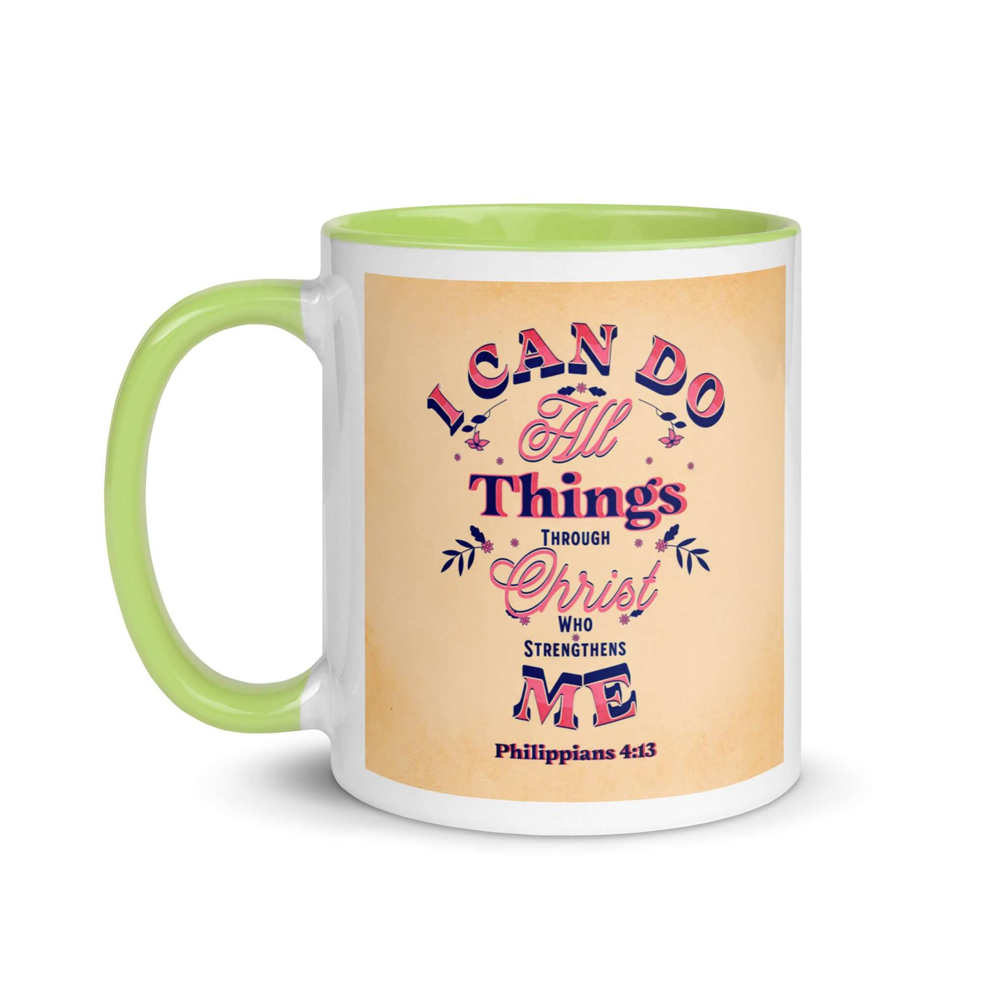 Philippians 4:13 Bible Verse, Christ Strengthens Me White Ceramic Mug with Color Inside