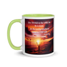 Psalm 107:1 Bible Verse, Give Thanks to the Lord White Ceramic Mug with Color Inside