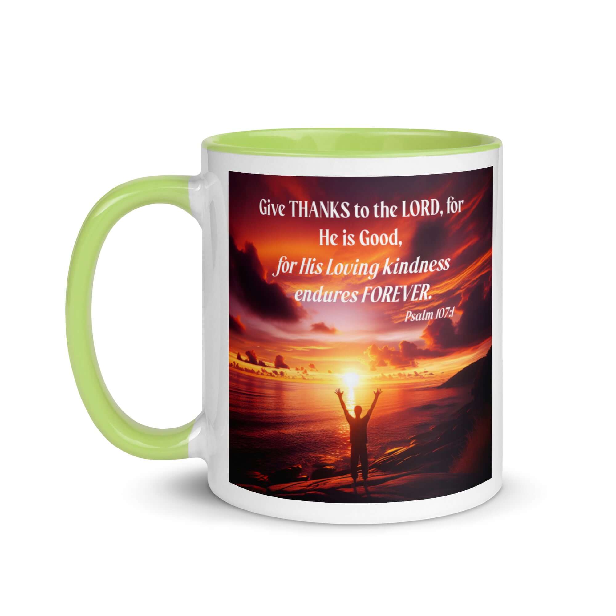 Psalm 107:1 Bible Verse, Give Thanks to the Lord White Ceramic Mug with Color Inside