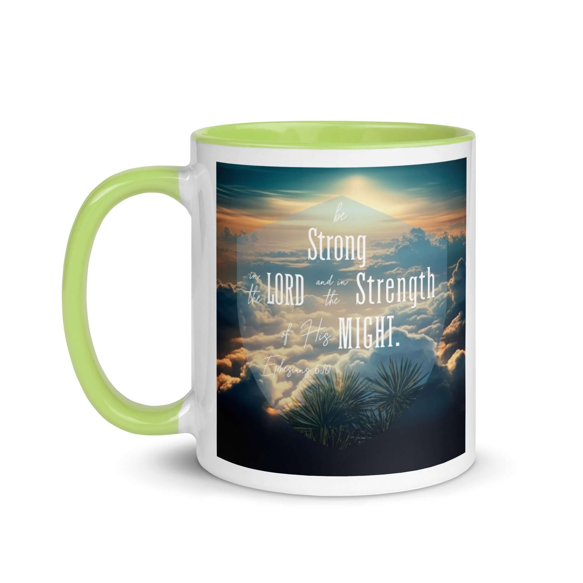 Ephesians 6:10 Bible Verse, be strong in the Lord White Ceramic Mug with Color Inside