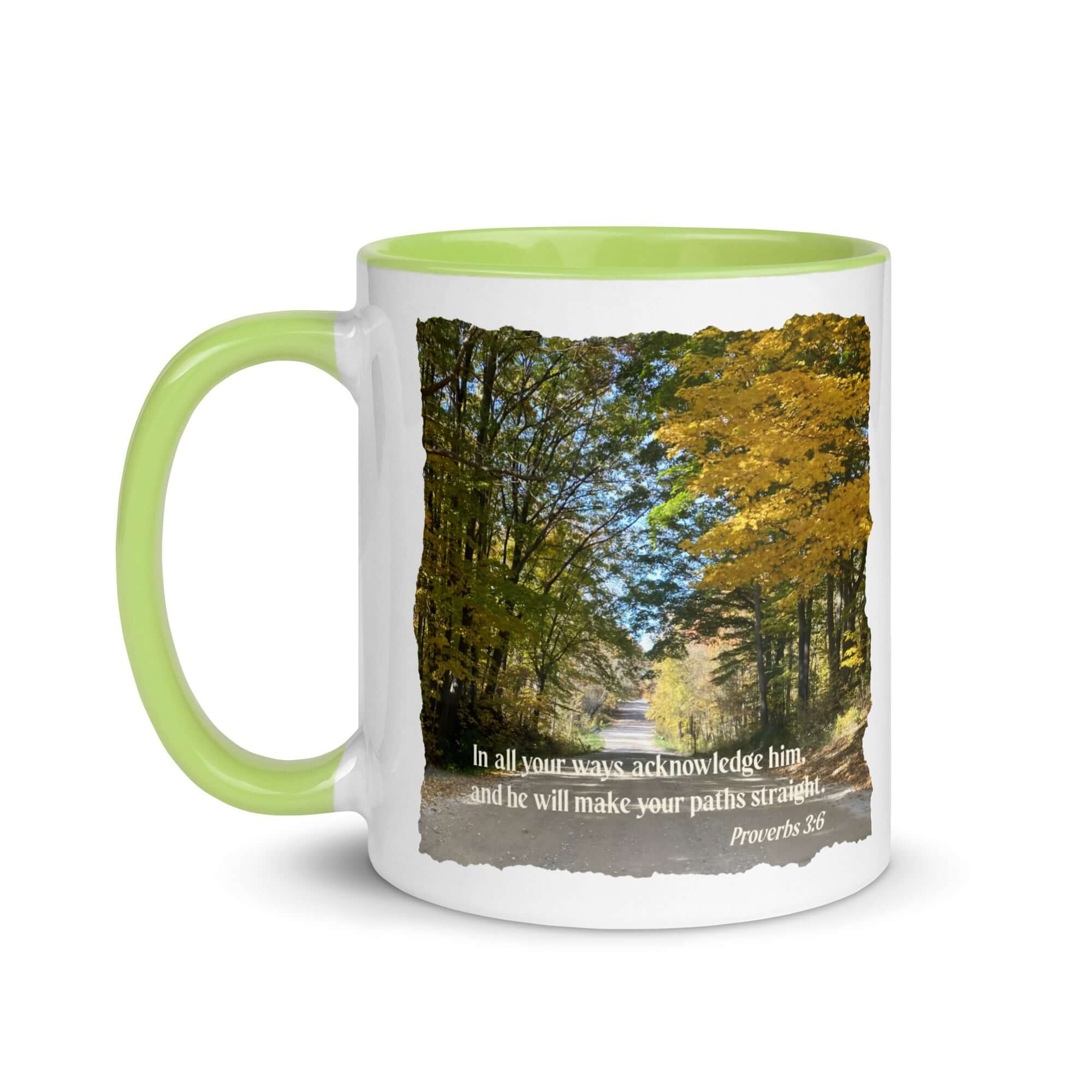 Proverbs 3:6 Bible Verse, Fall Road White Ceramic Mug with Color Inside