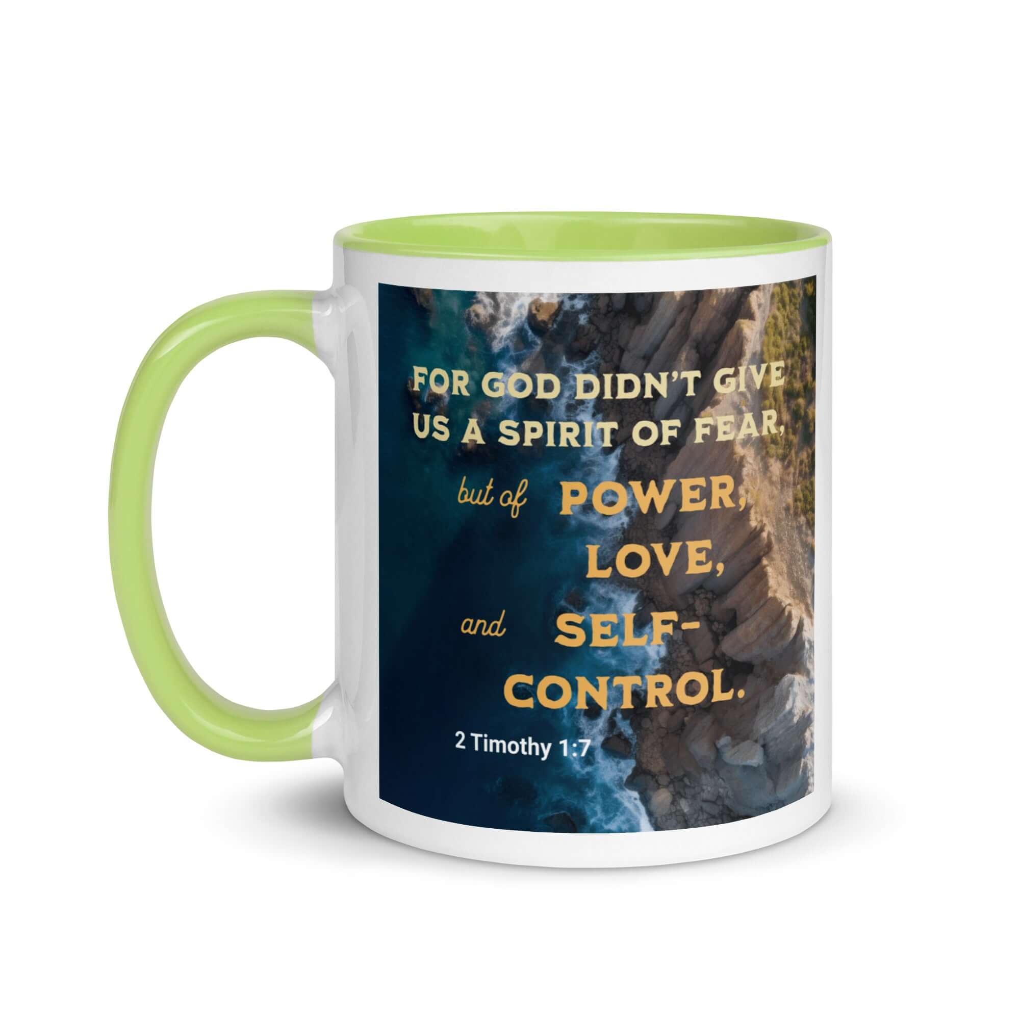 2 Timothy 1:7 Bible Verse, Power, Love, Self-Control White Ceramic Mug with Color Inside
