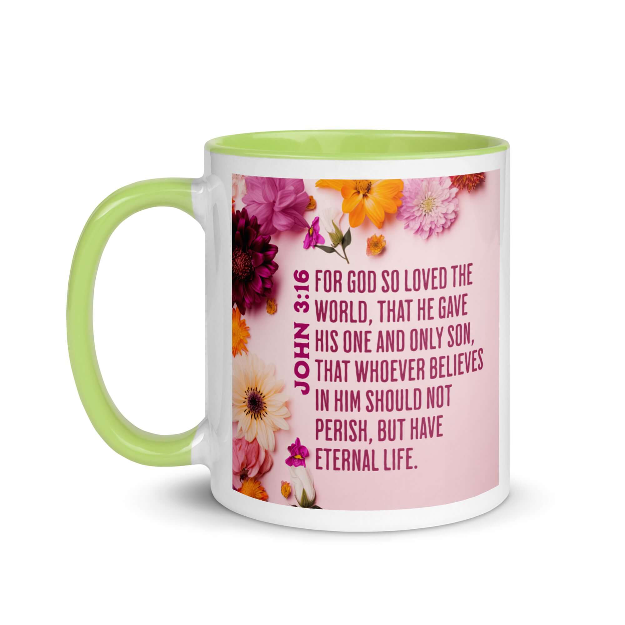 John 3:16 Bible Verse, For God So Loved White Ceramic Mug with Color Inside