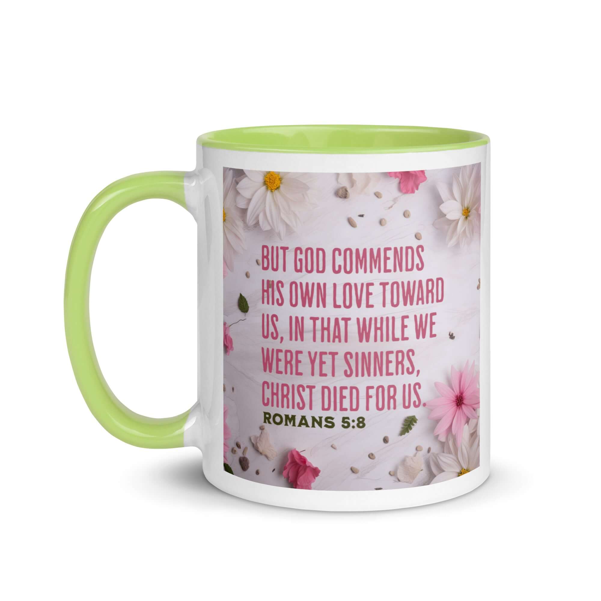 Romans 5:8 Bible Verse, Christ Died for Us White Ceramic Mug with Color Inside