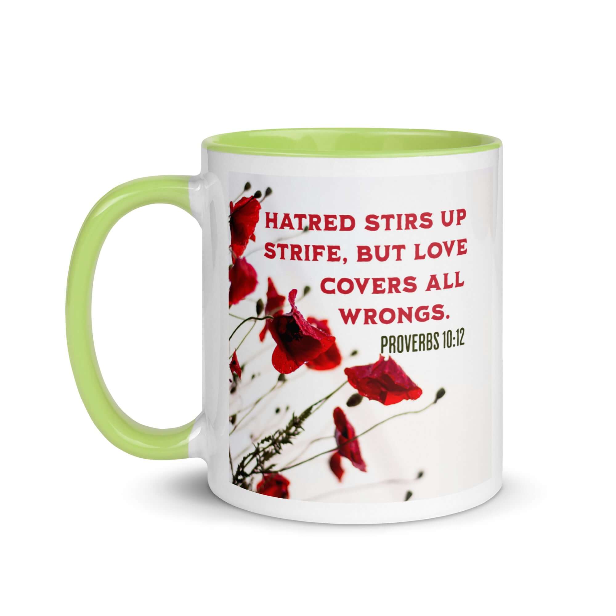 Proverbs 10:12 Bible Verse, Love Covers All White Ceramic Mug with Color Inside