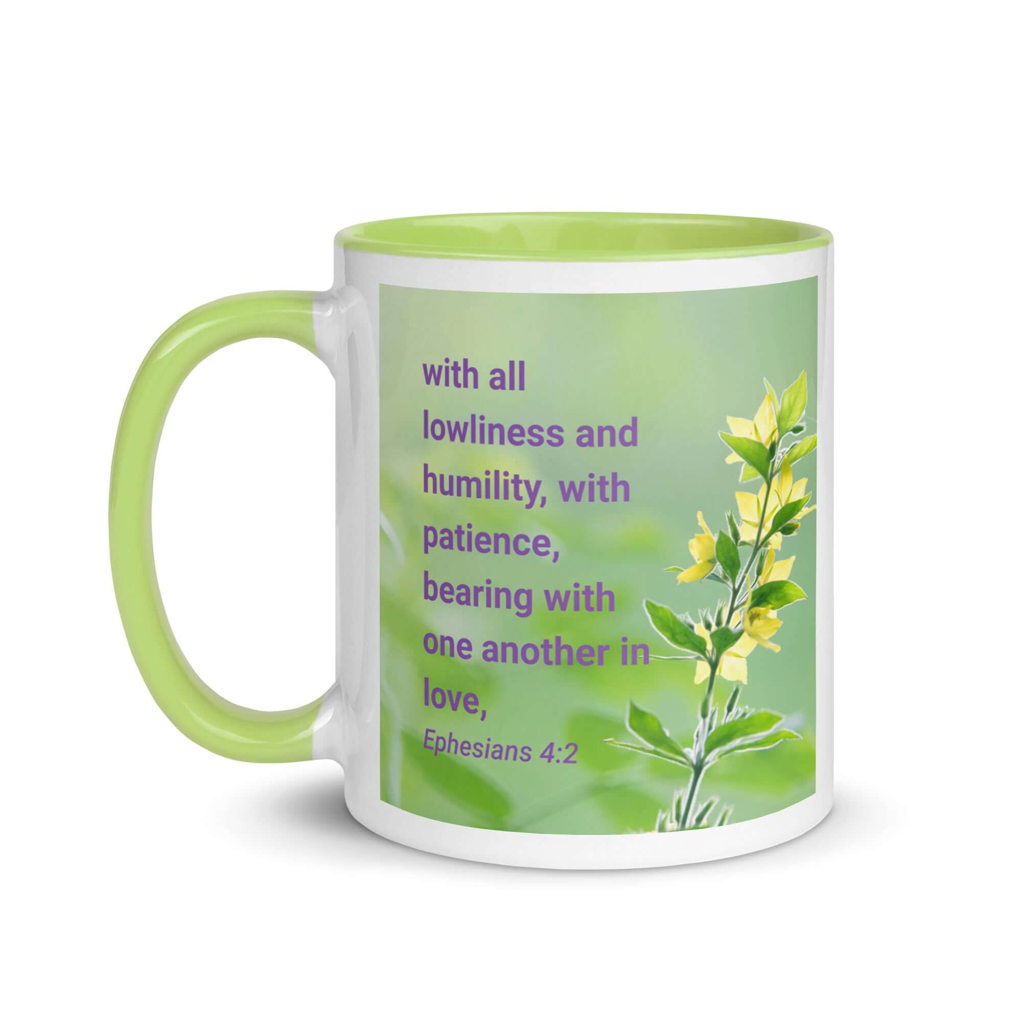 Ephesians 4:2 Bible Verse, one another in love White Ceramic Mug with Color Inside