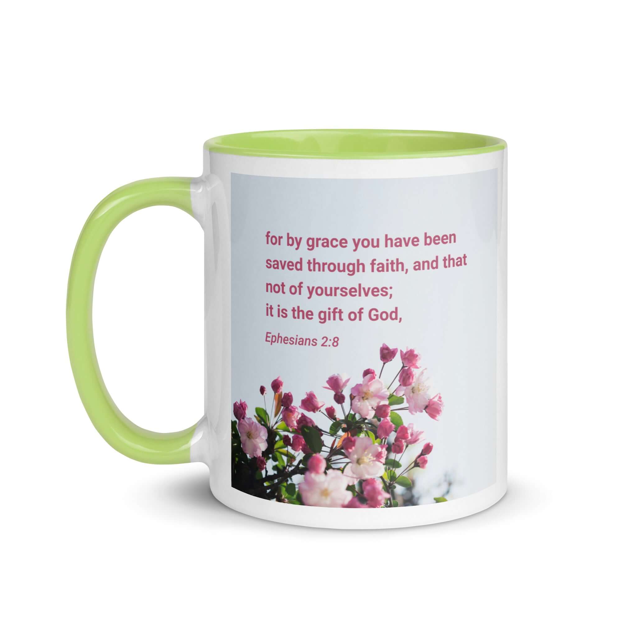 Ephesians 2:8 Bible Verse, saved through faith White Ceramic Mug with Color Inside