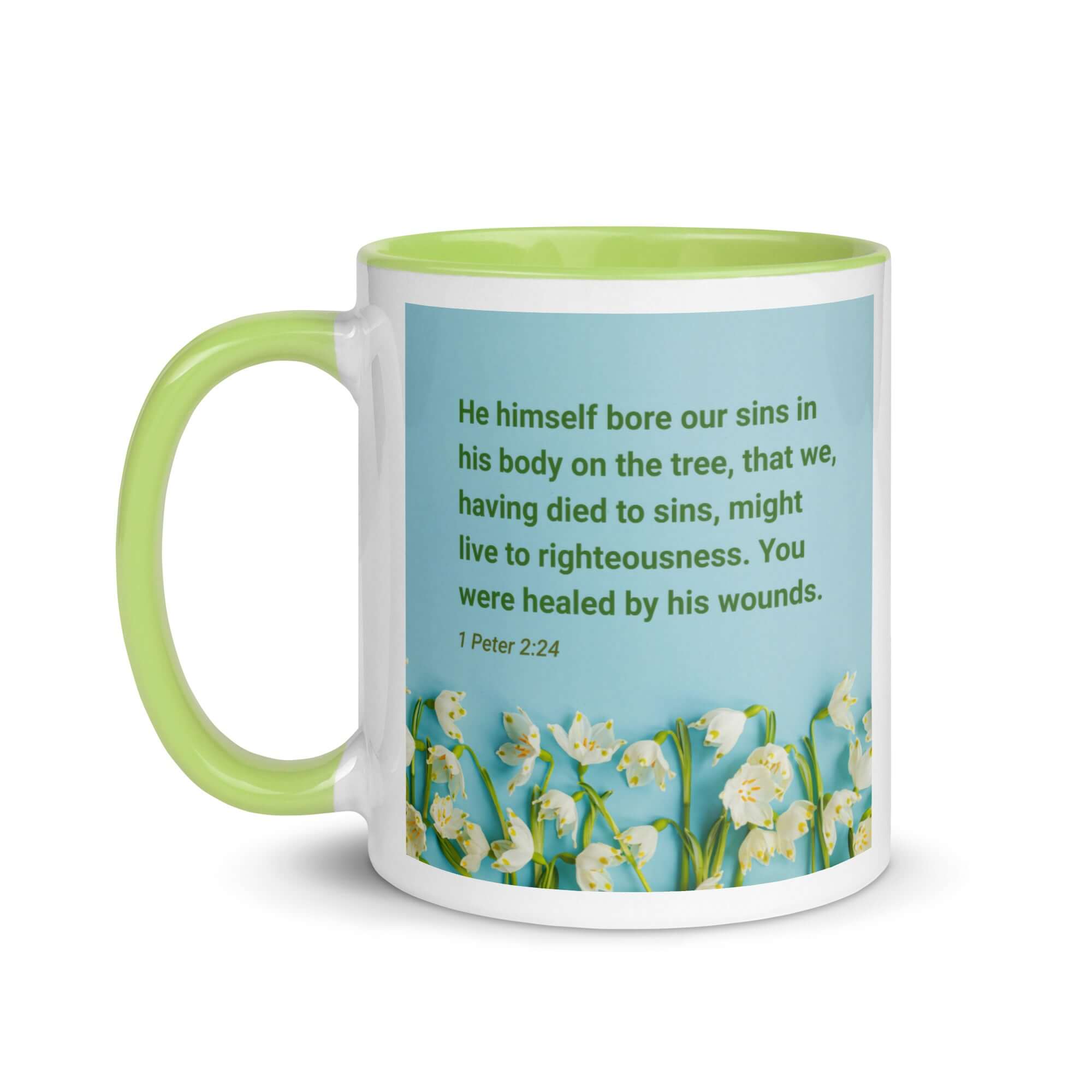 1 Peter 2:24 Bible Verse, healed by His wounds White Ceramic Mug with Color Inside