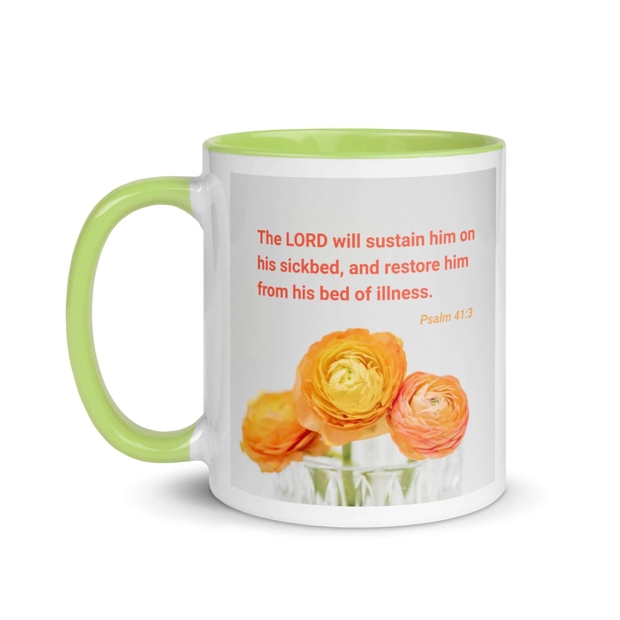 Psalm 41:3 Bible Verse, LORD will sustain White Ceramic Mug with Color Inside