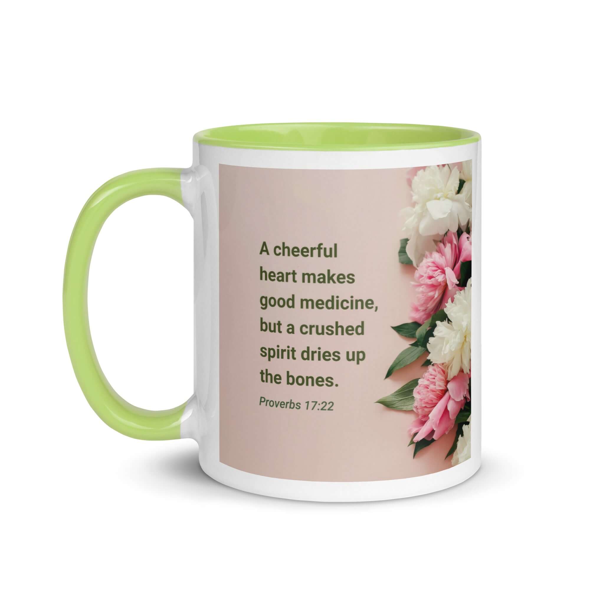 Proverbs 17:22 Bible Verse, good medicine White Ceramic Mug with Color Inside