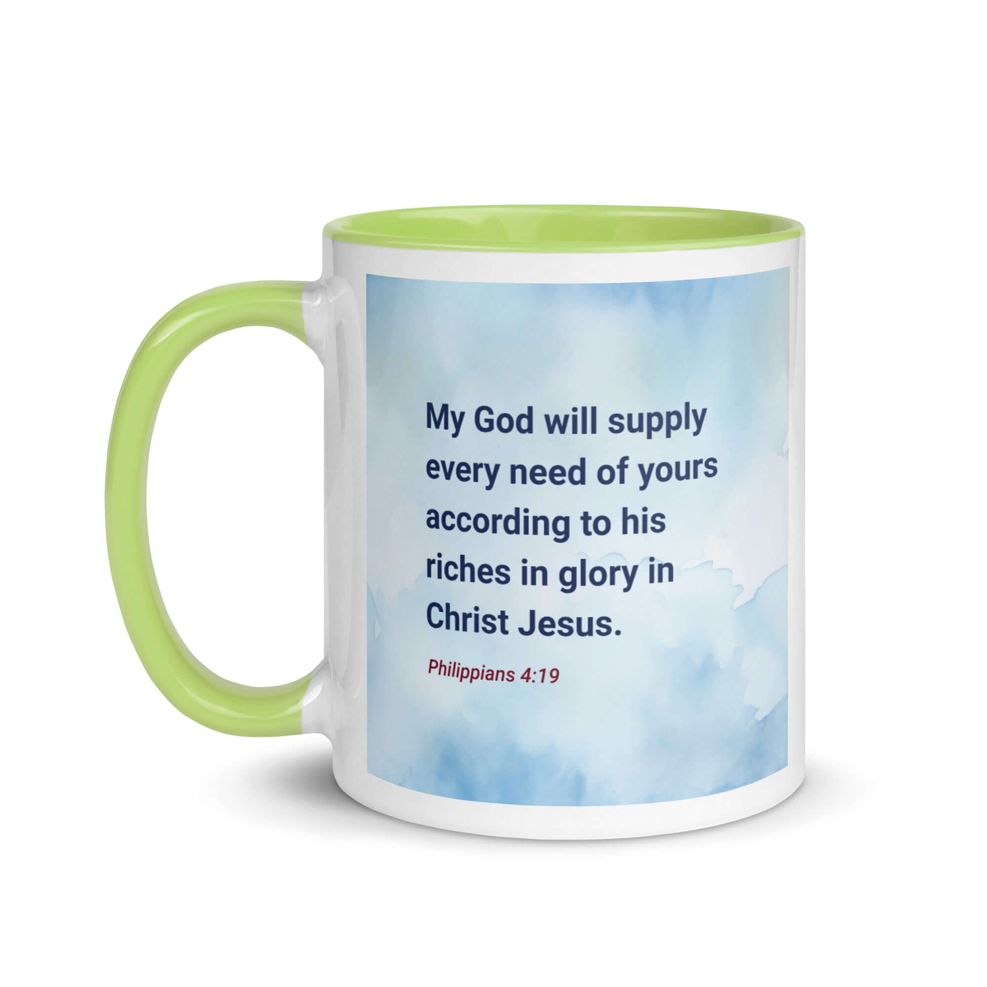 Philippians 4:19 Bible Verse, God will supply White Ceramic Mug with Color Inside
