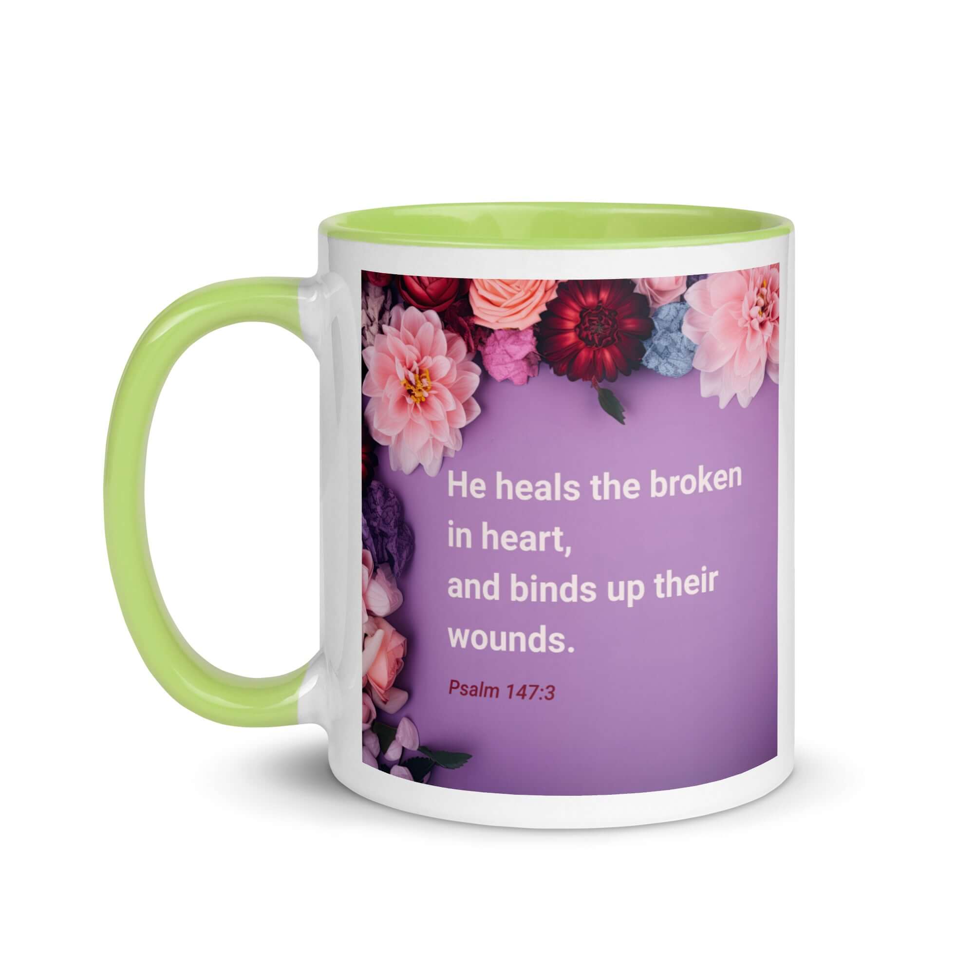 Psalm 147:3 Bible Verse, He heals the broken White Ceramic Mug with Color Inside