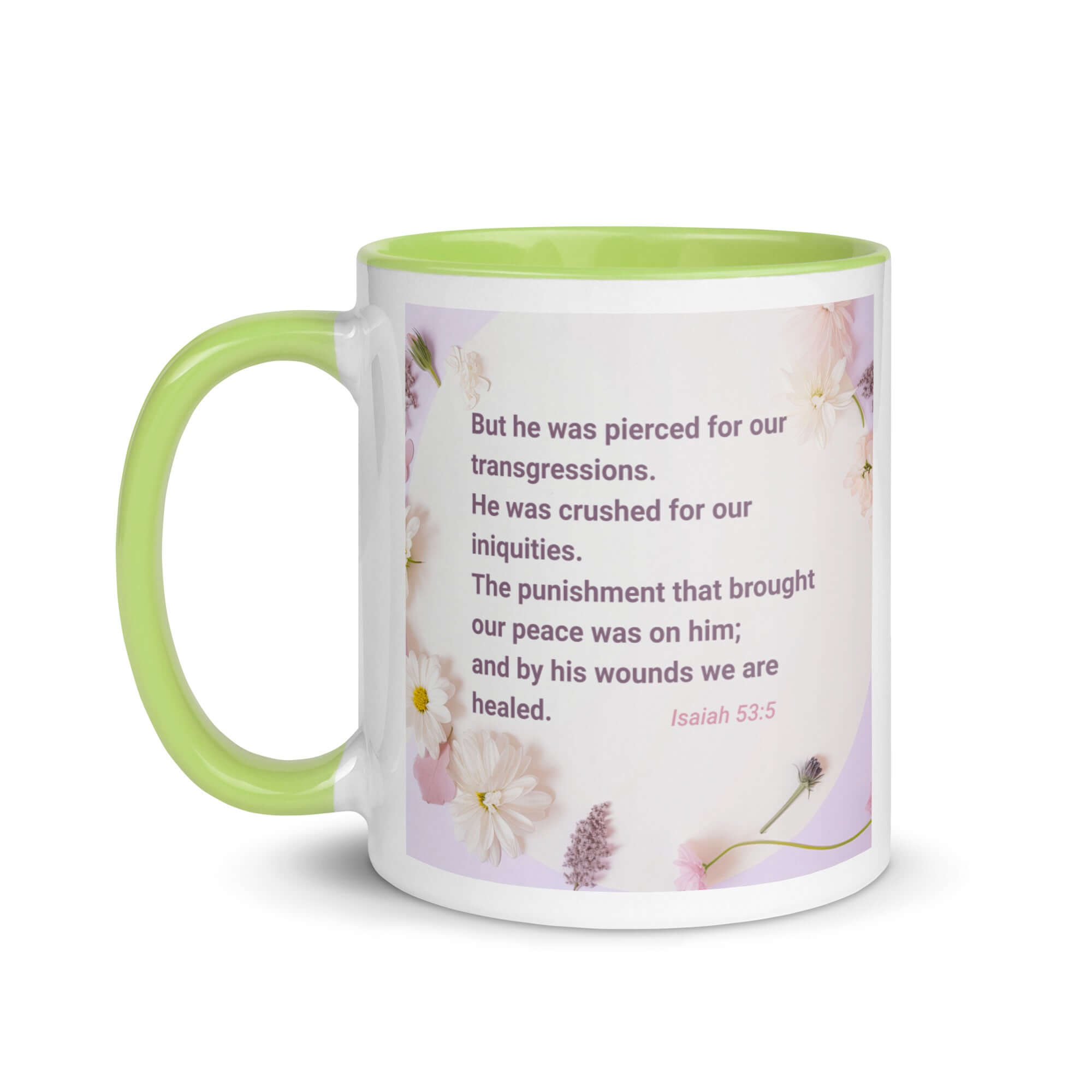 Isaiah 53:5 Bible Verse, by his wounds White Ceramic Mug with Color Inside