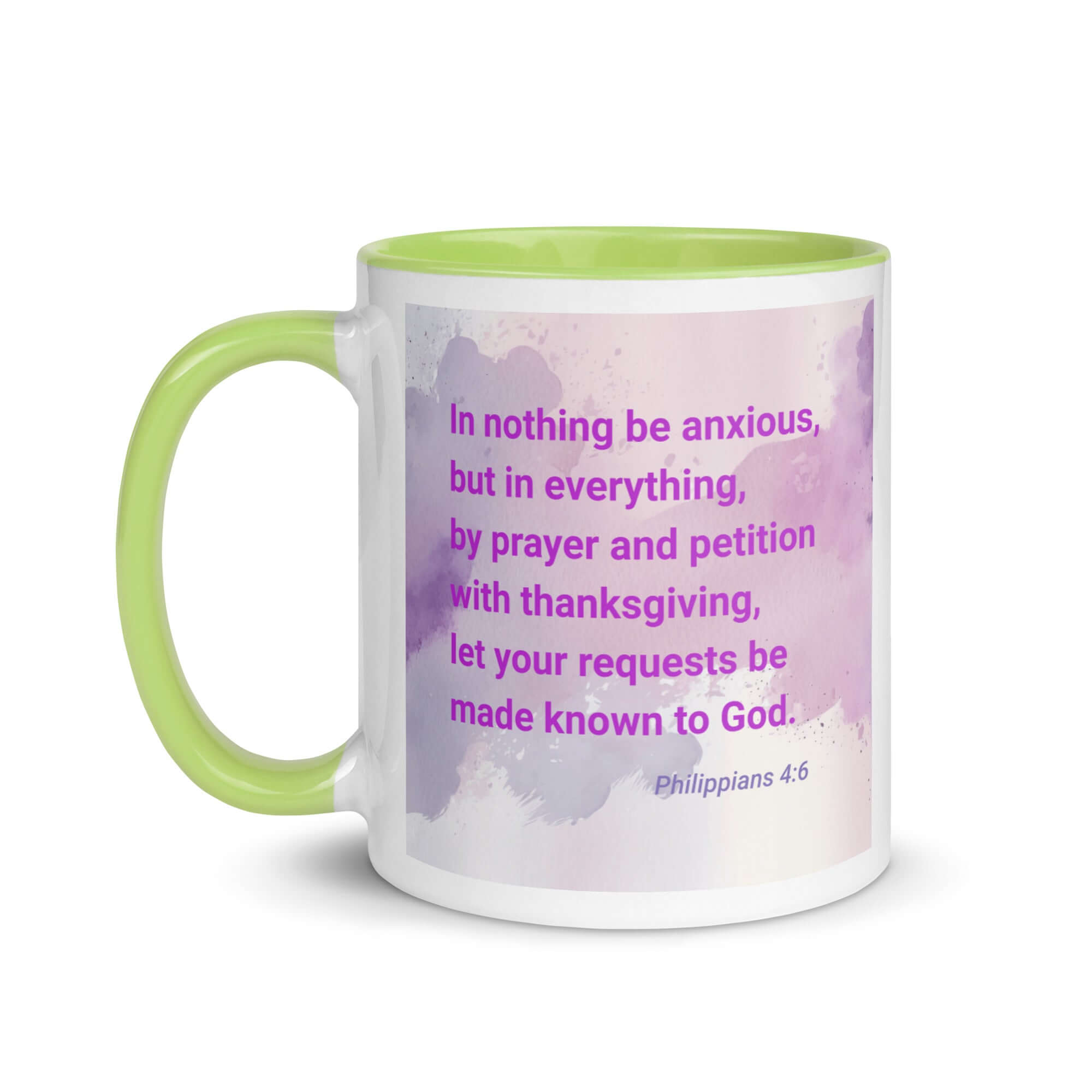 Philippians 4:6 Bible Verse, Prayer and Petition White Ceramic Mug with Color Inside