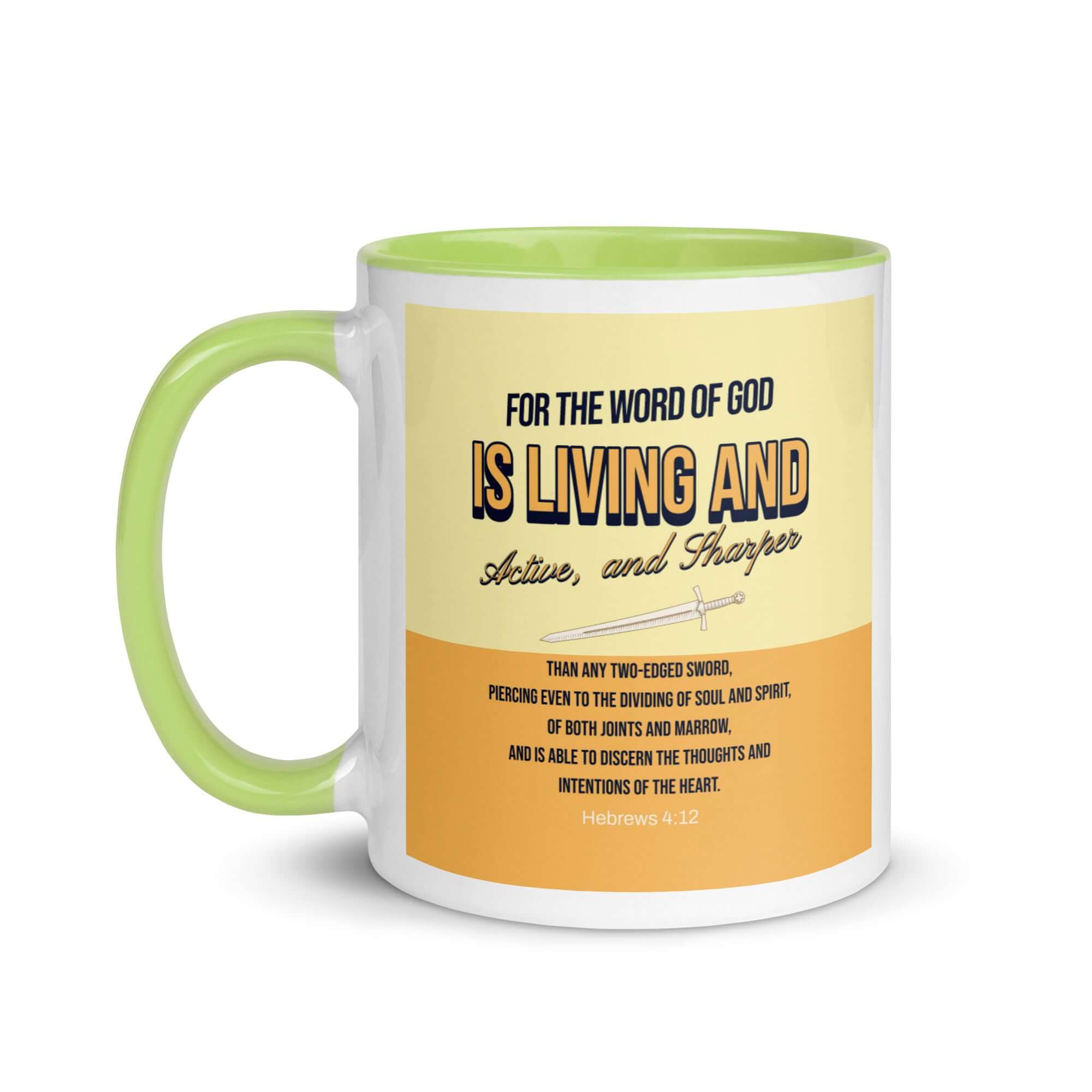 Hebrews 4:12 Bible Verse, living and active White Ceramic Mug with Color Inside