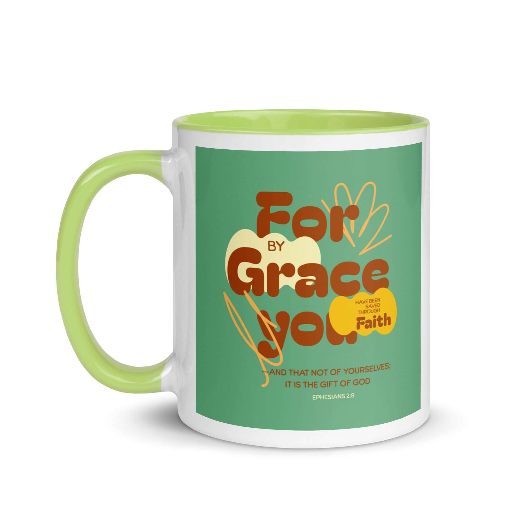 Ephesians 2:8 Bible Verse, for by grace White Ceramic Mug with Color Inside