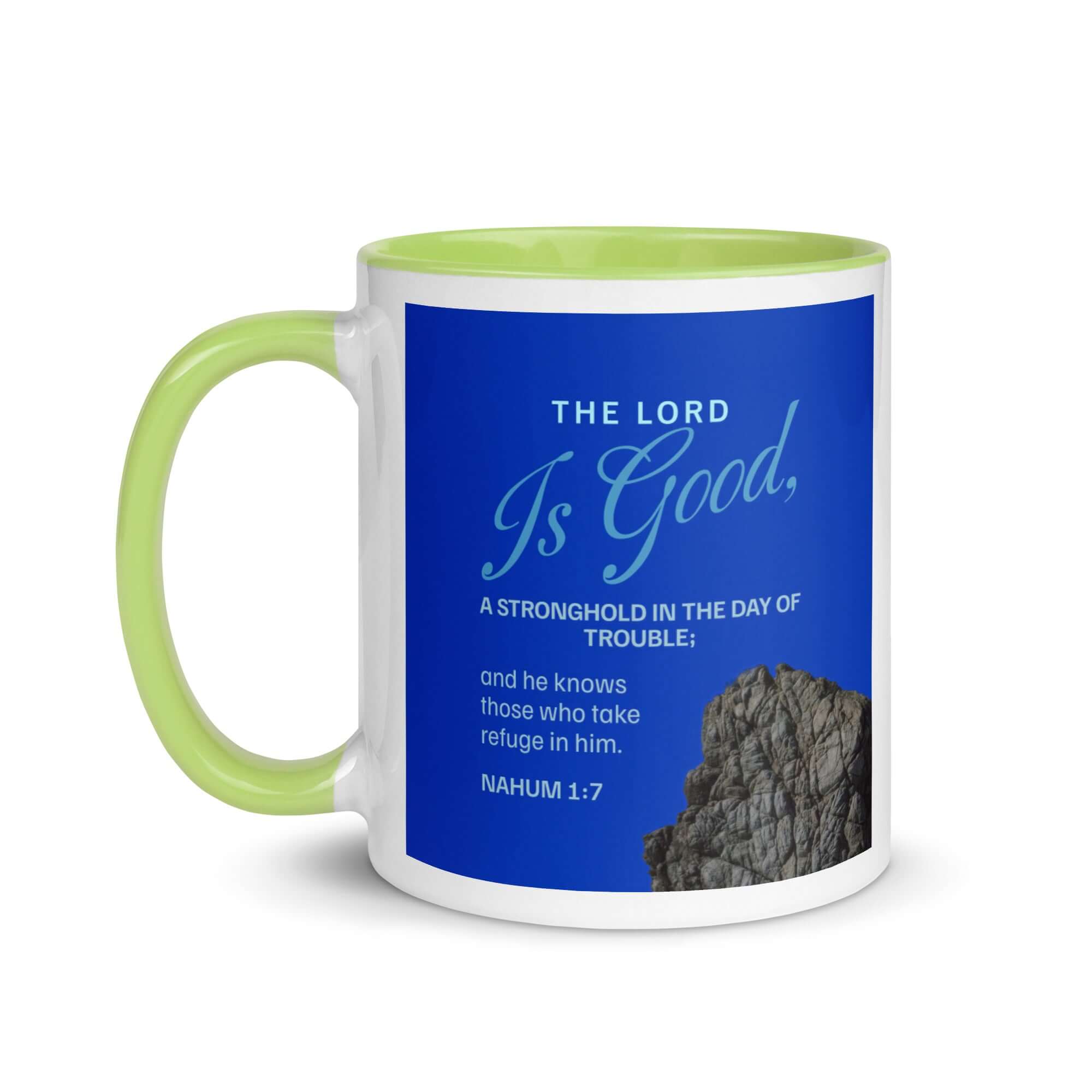 Nahum 1:7 Bible Verse, The LORD is a stronghold White Ceramic Mug with Color Inside