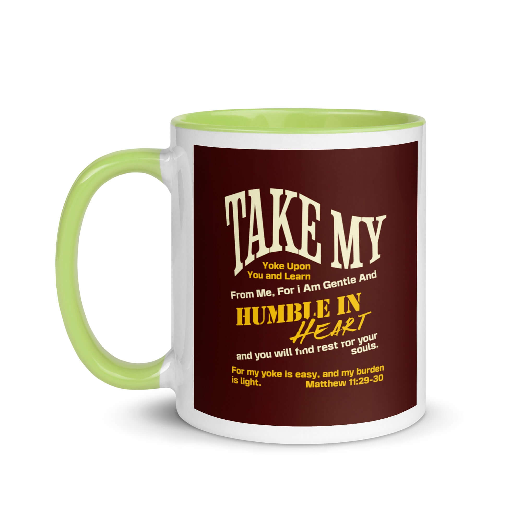 Matthew 11:29-30 Bible Verse, learn from me White Ceramic Mug with Color Inside