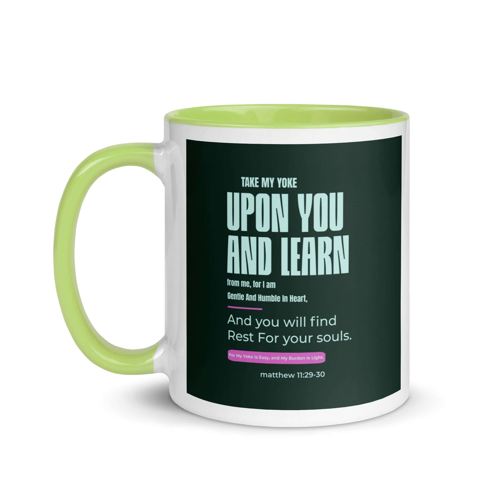 Matthew 11:29-30 Bible Verse, I am gentle White Ceramic Mug with Color Inside