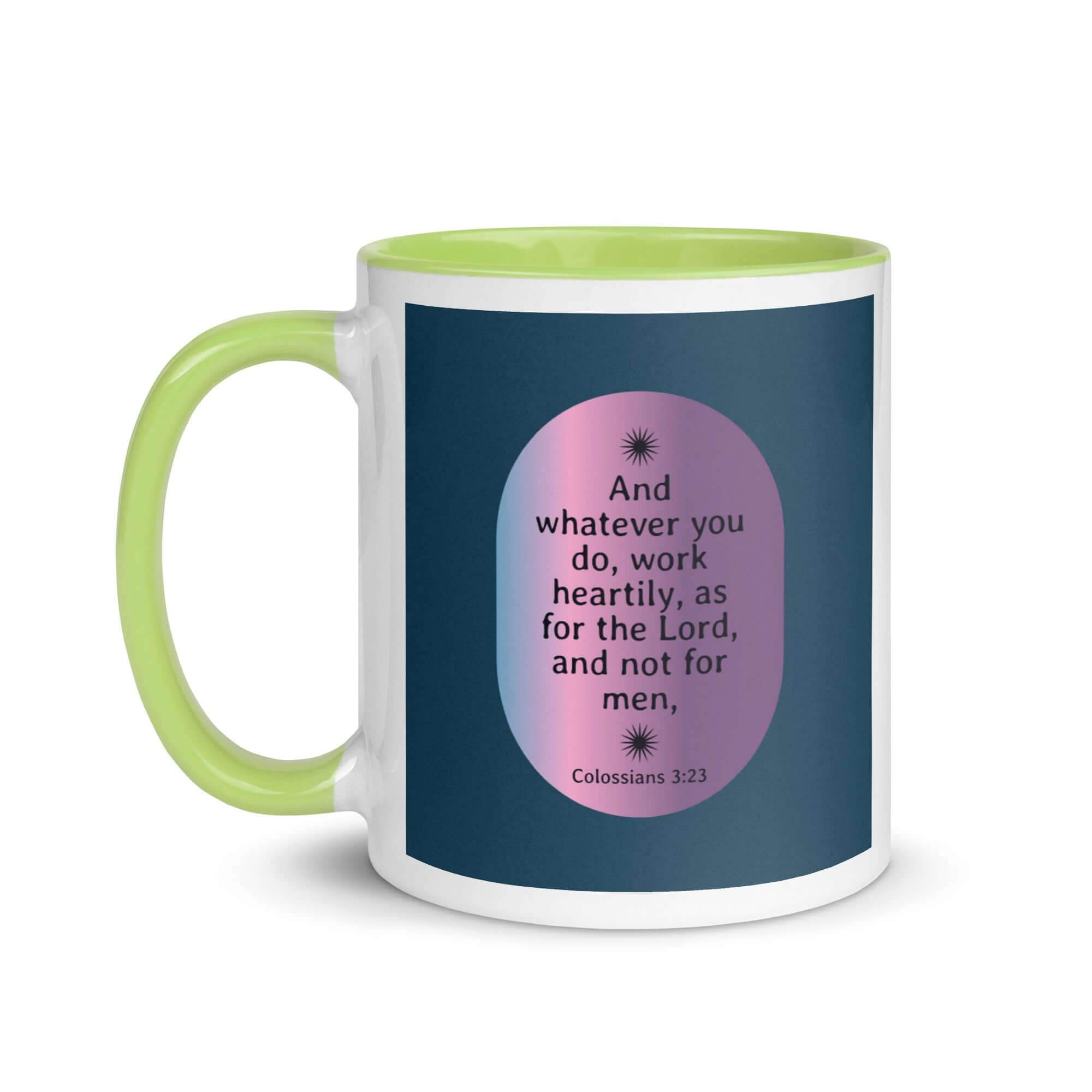 Colossians 3:23 Bible Verse, work heartily White Ceramic Mug with Color Inside