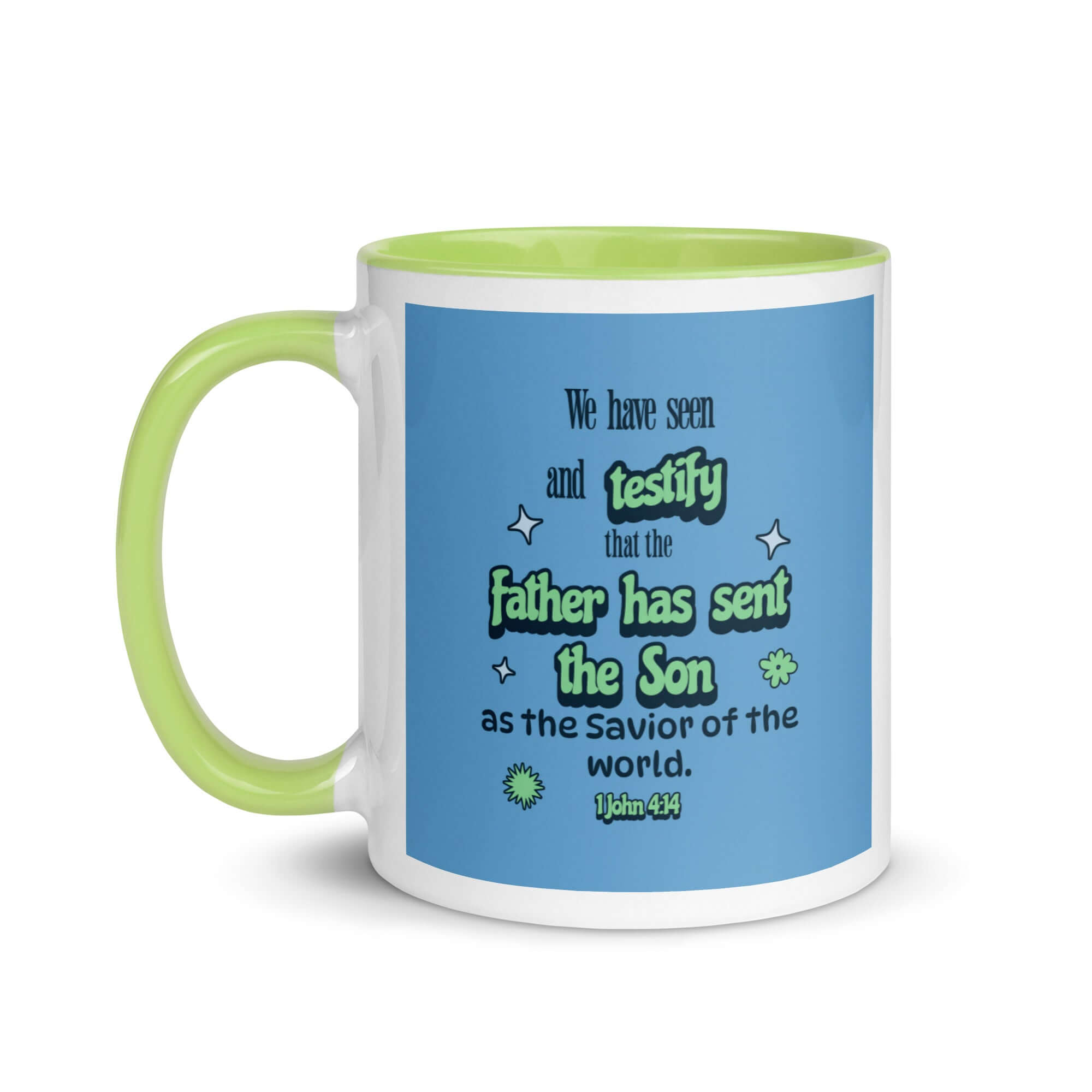 1 John 4:14 Bible Verse, sent the Son White Ceramic Mug with Color Inside
