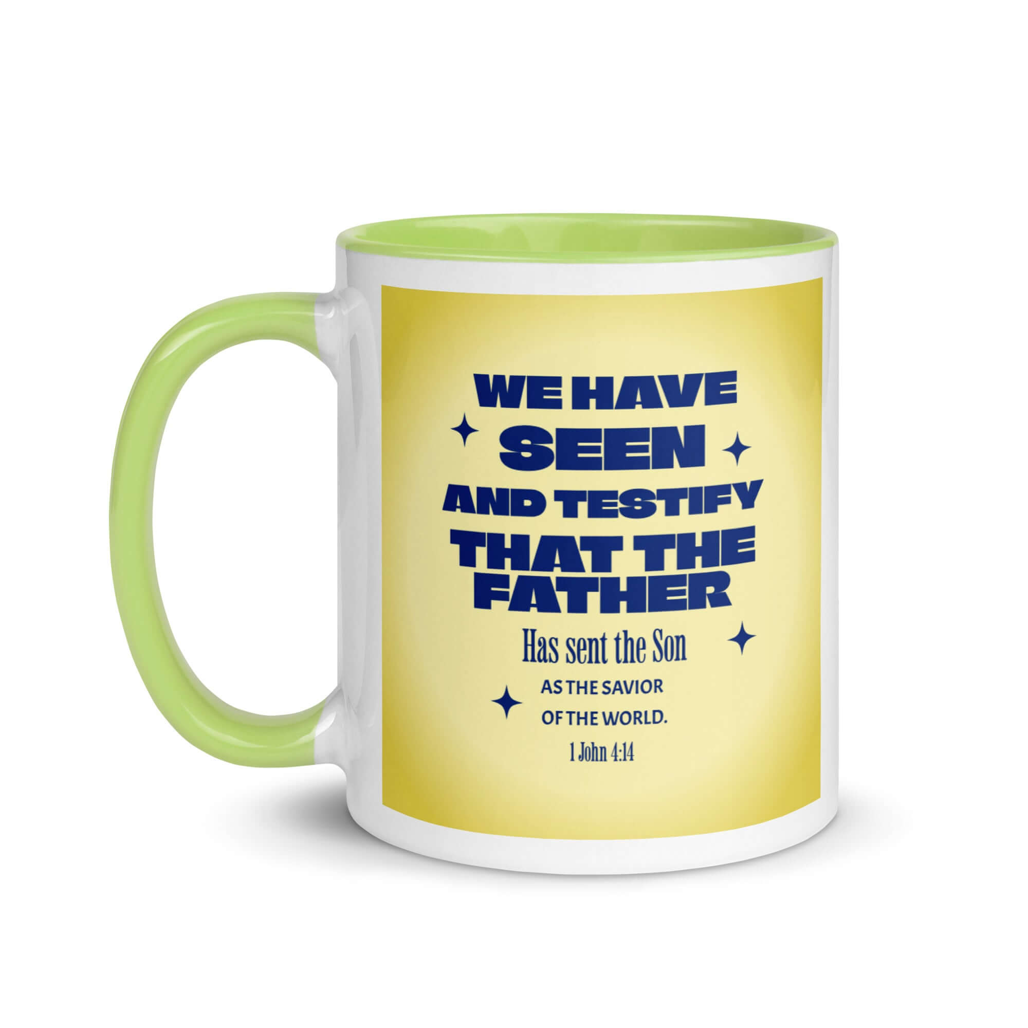 1 John 4:14 Bible Verse, Savior of the world White Ceramic Mug with Color Inside