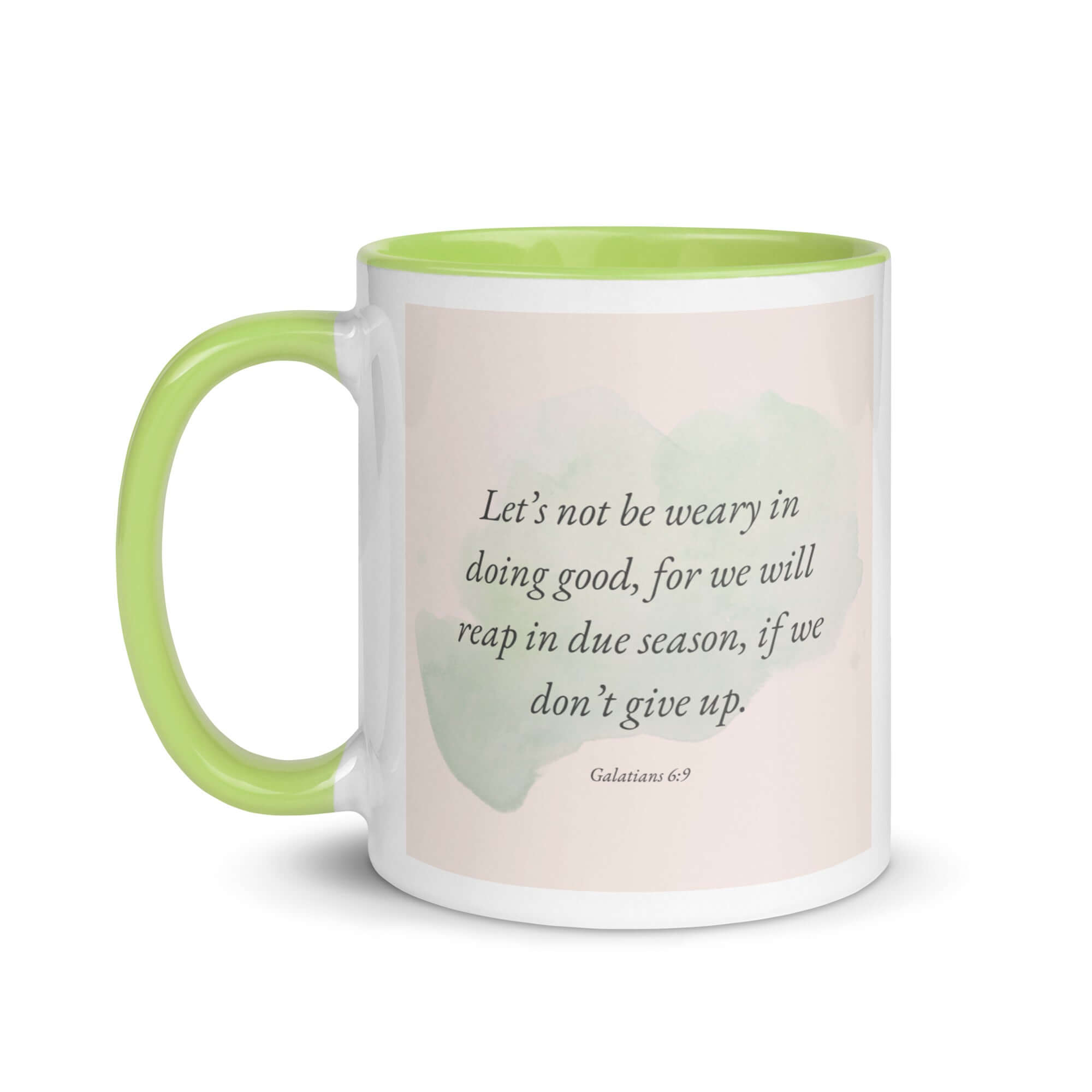 Galatians 6:9 Bible Verse, not be weary White Ceramic Mug with Color Inside