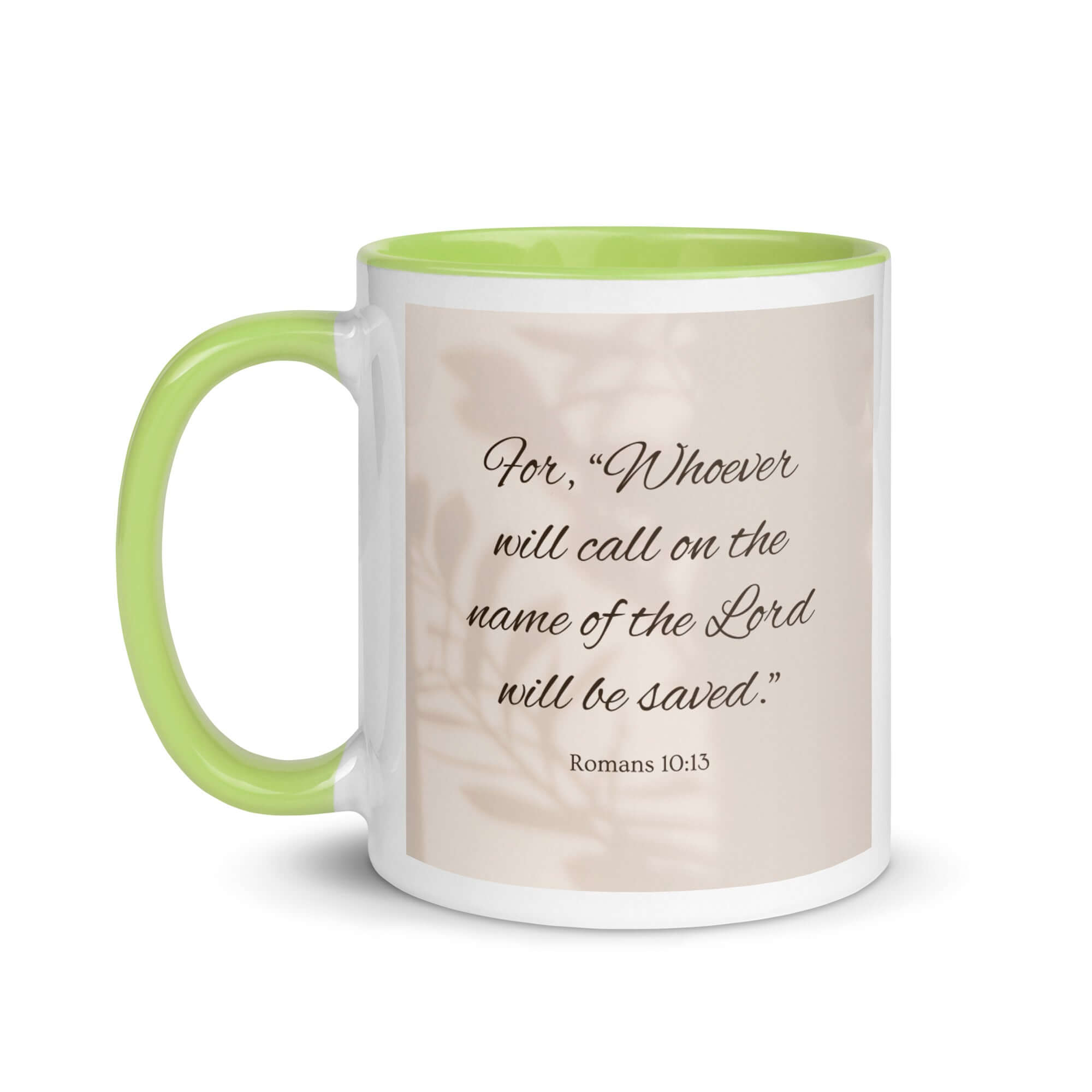 Romans 10:13 Bible Verse, Whoever White Ceramic Mug with Color Inside