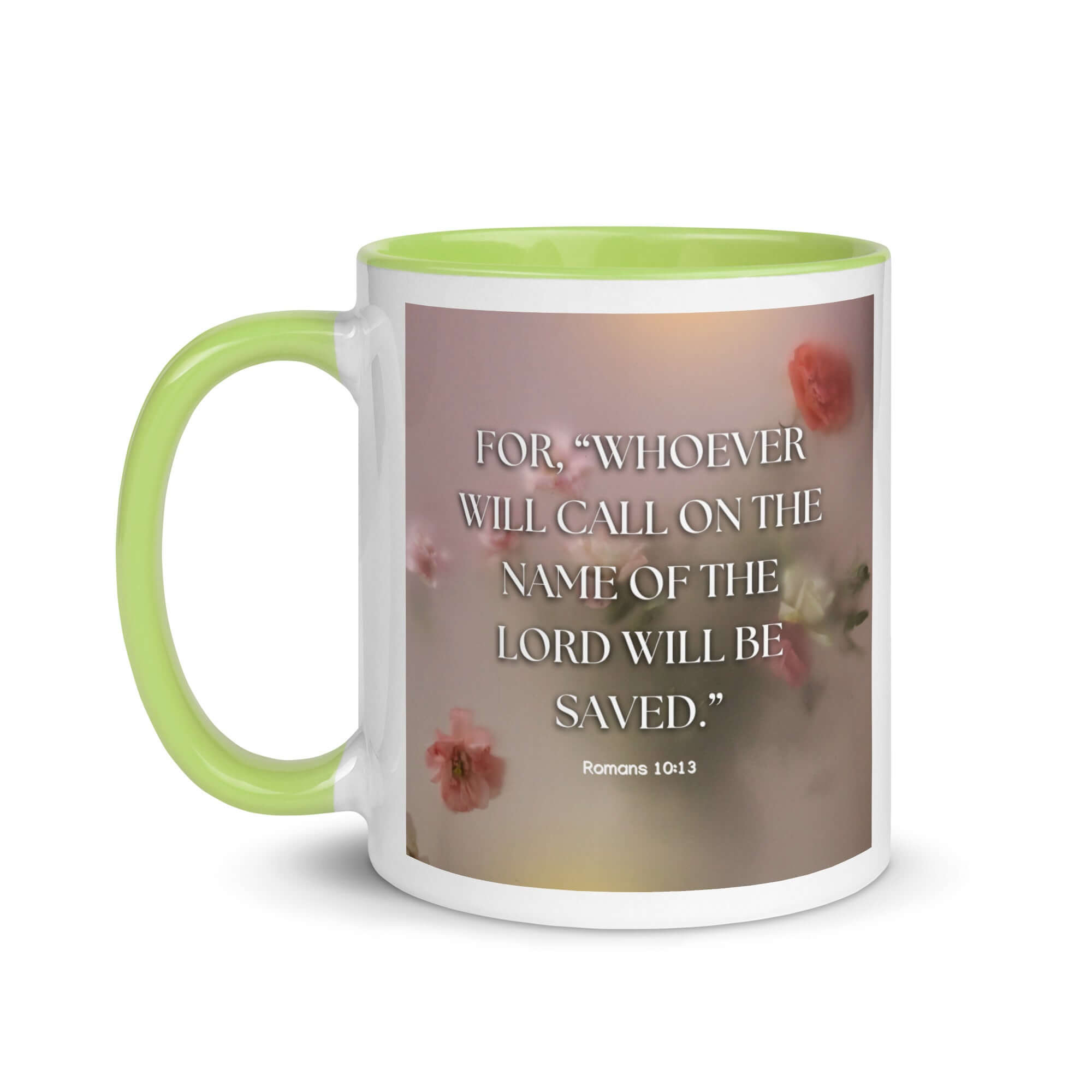 Romans 10:13 Bible Verse, will call White Ceramic Mug with Color Inside