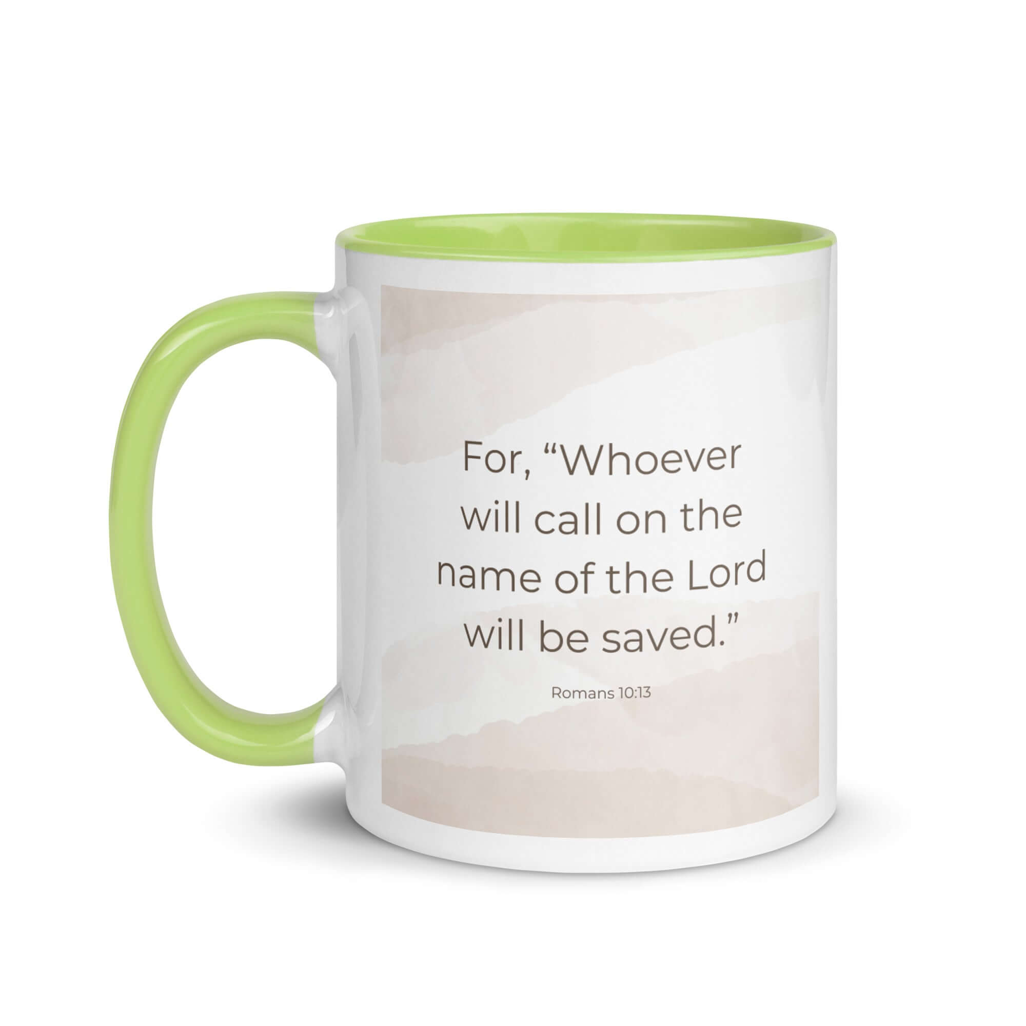 Romans 10:13 Bible Verse, the name White Ceramic Mug with Color Inside