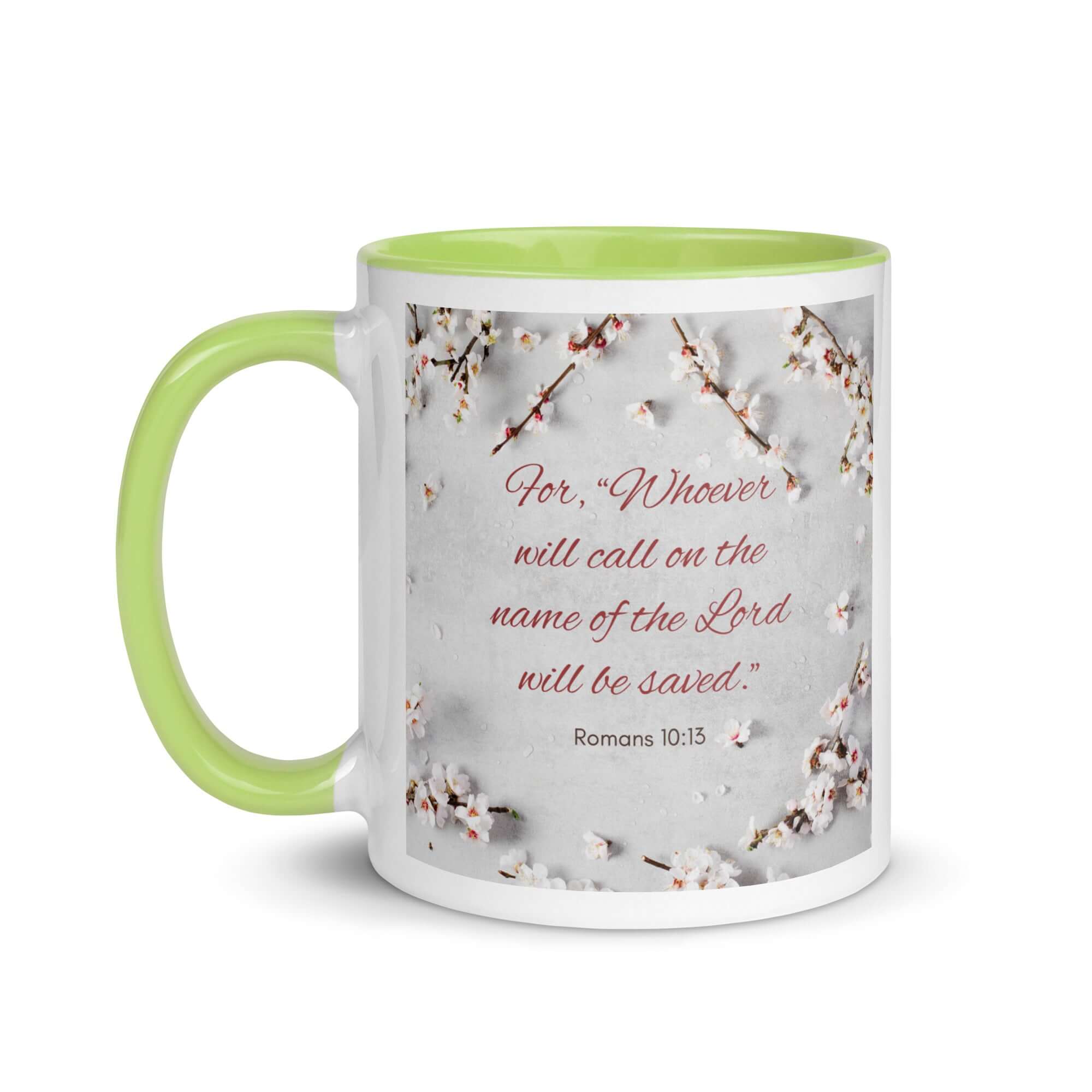 Romans 10:13 Bible Verse, the Lord White Ceramic Mug with Color Inside