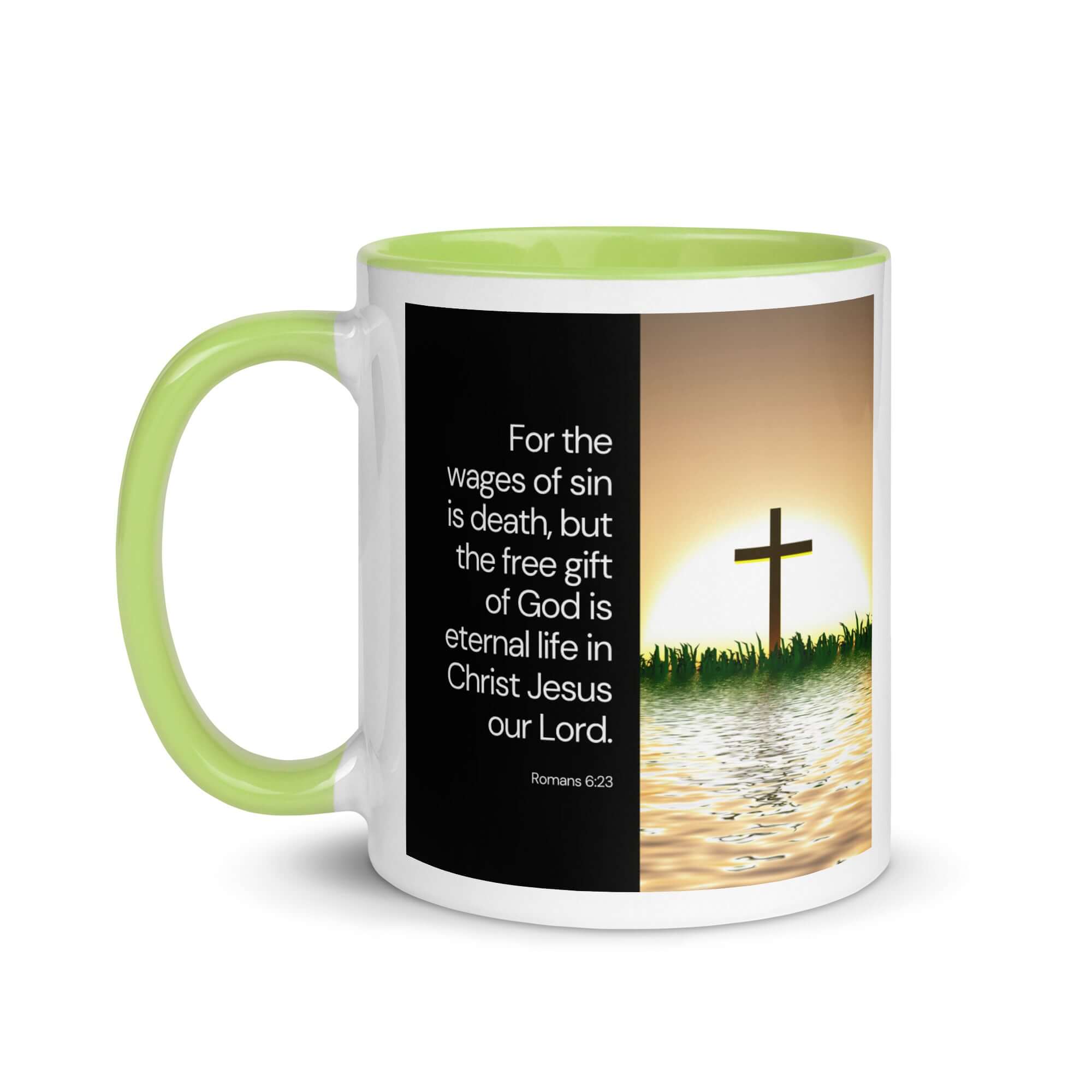 Romans 6:23 Bible Verse, the wages White Ceramic Mug with Color Inside