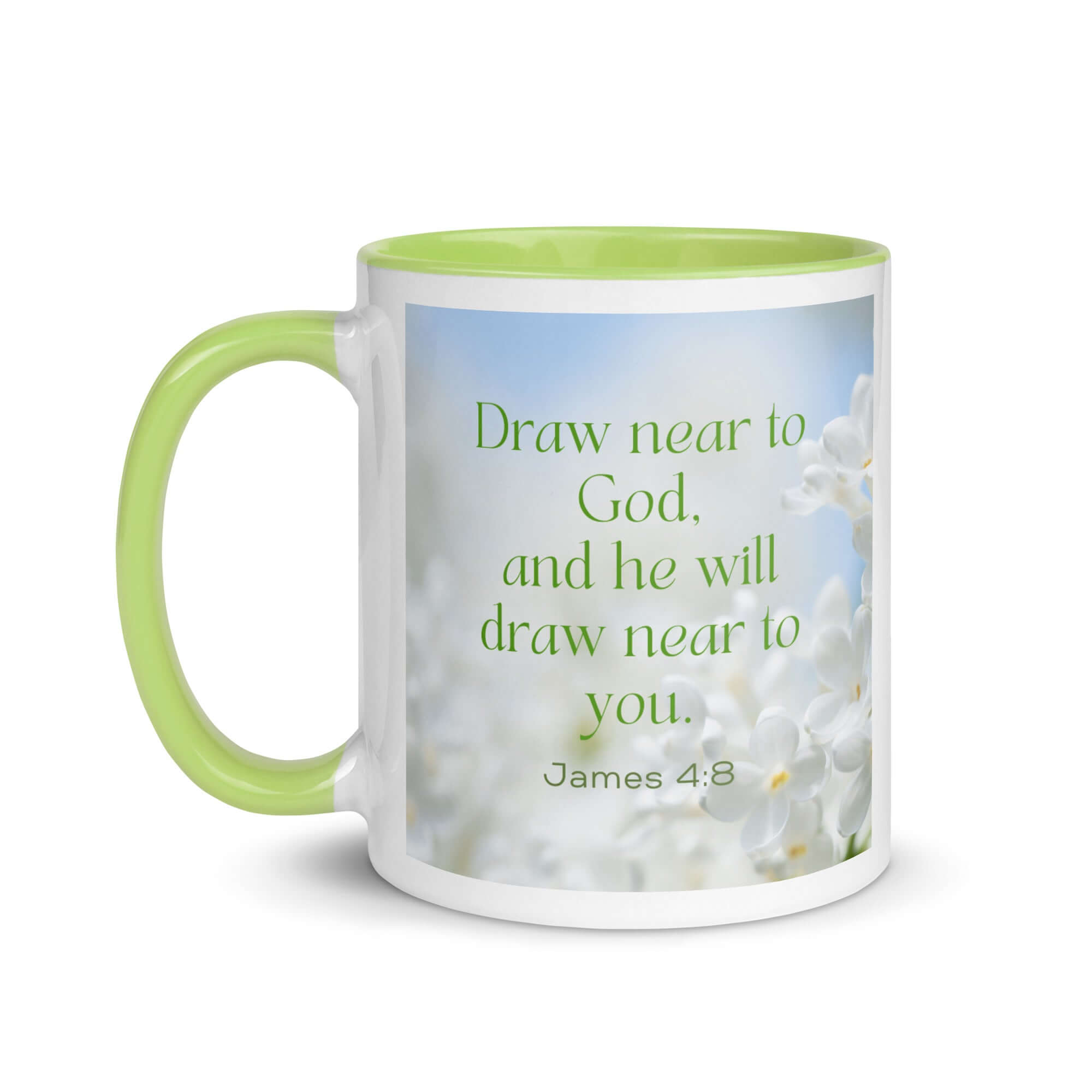 James 4:8 Bible Verse, Draw near White Ceramic Mug with Color Inside
