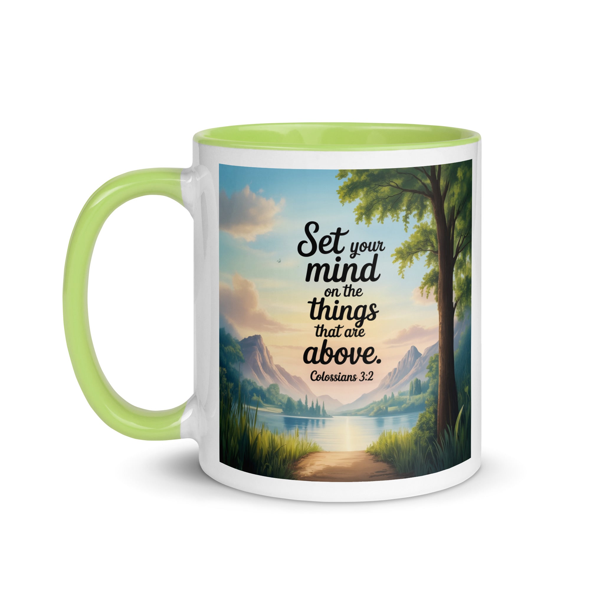 Colossians 3:2 Bible Verse Set White Ceramic Mug with Color Inside