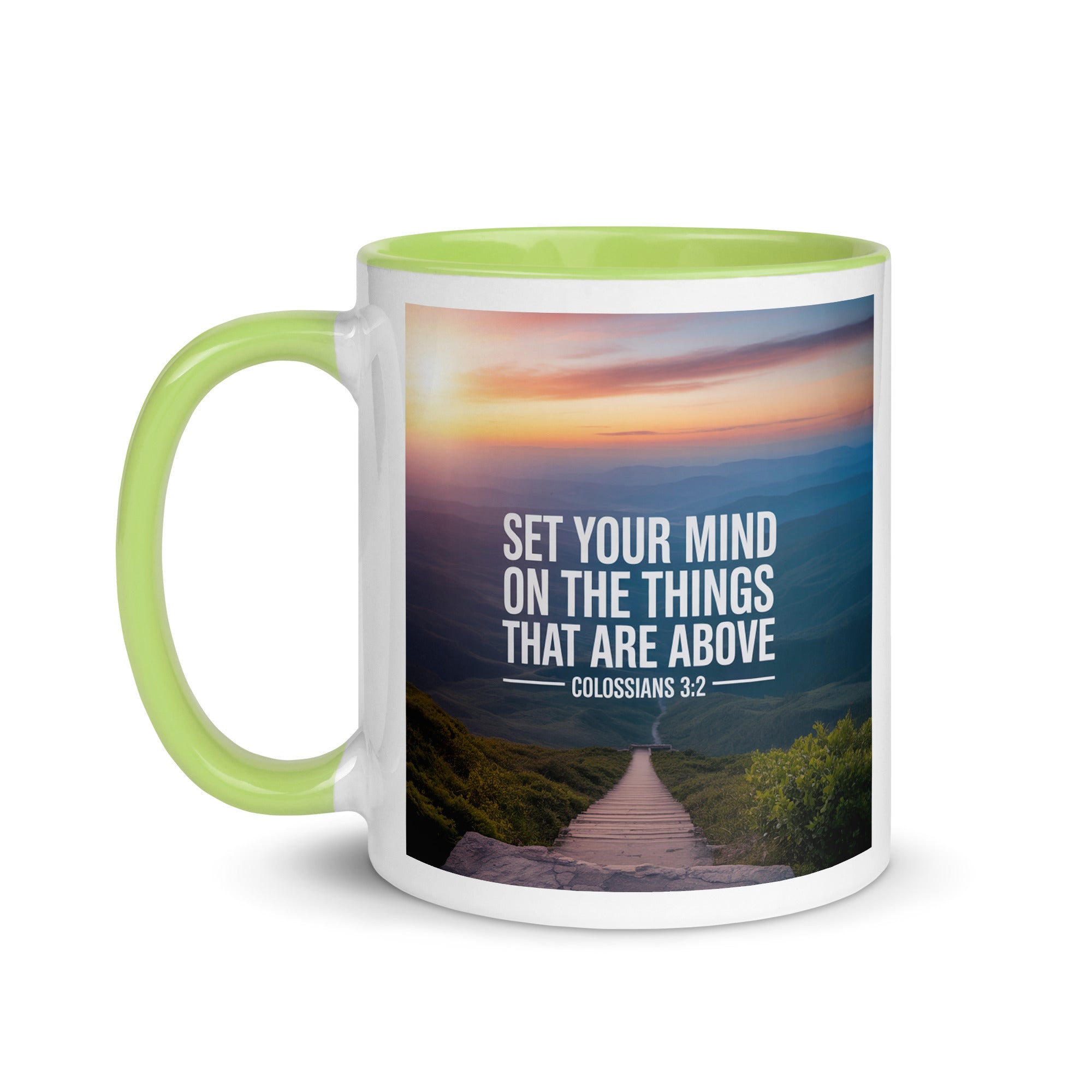 Colossians 3:2 Bible Verse your mind White Ceramic Mug with Color Inside