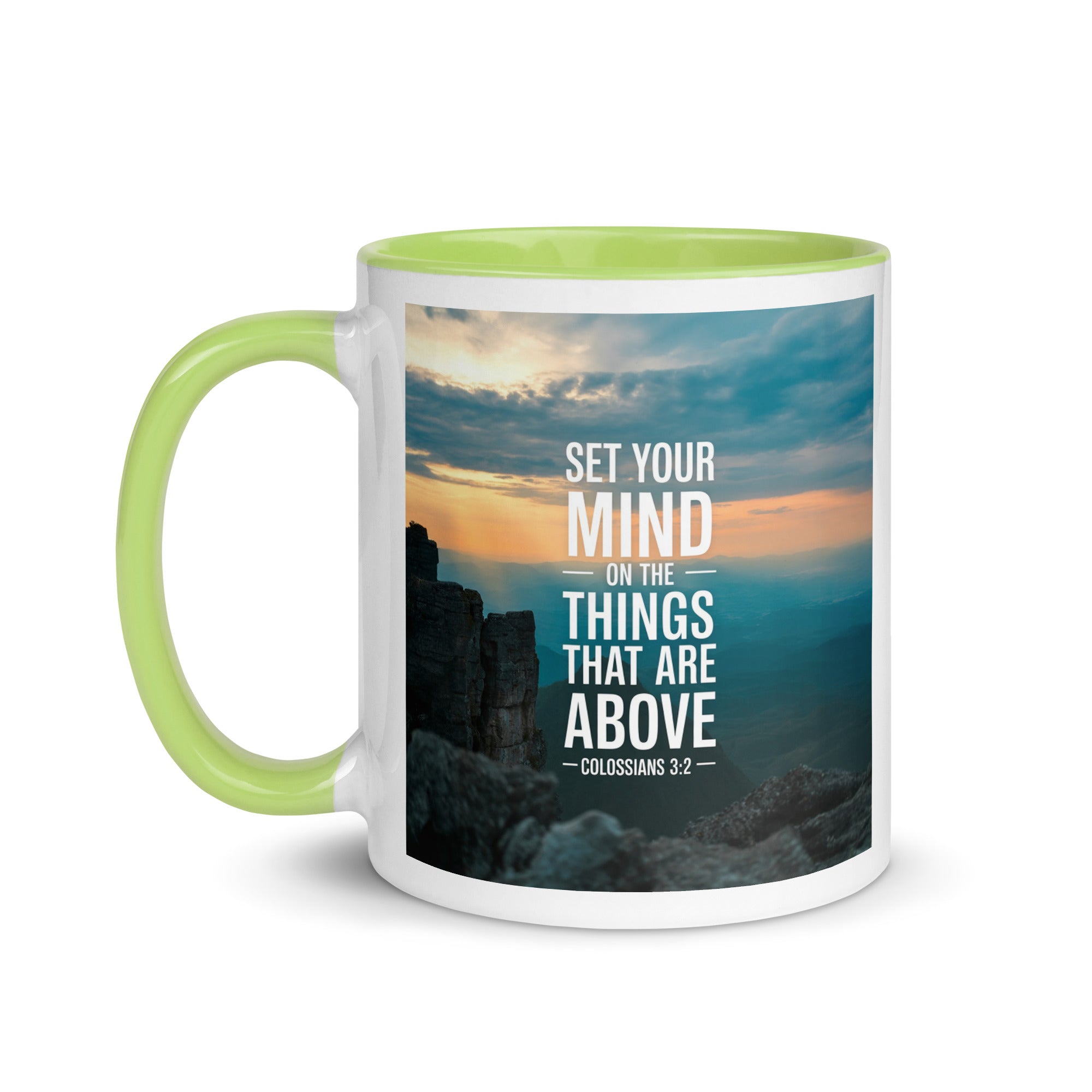 Colossians 3:2 Bible Verse on the White Ceramic Mug with Color Inside