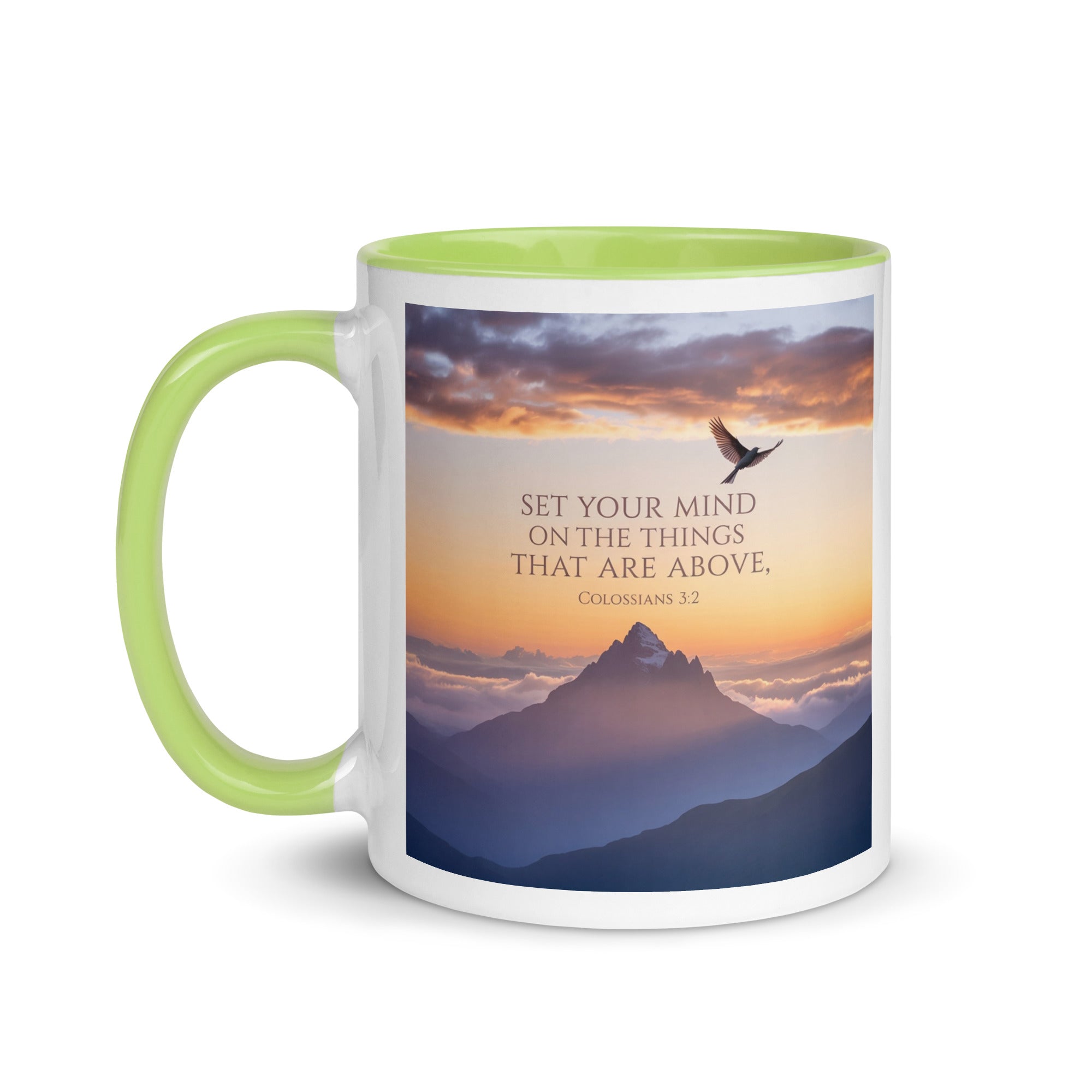 Colossians 3:2 Bible Verse are above White Ceramic Mug with Color Inside