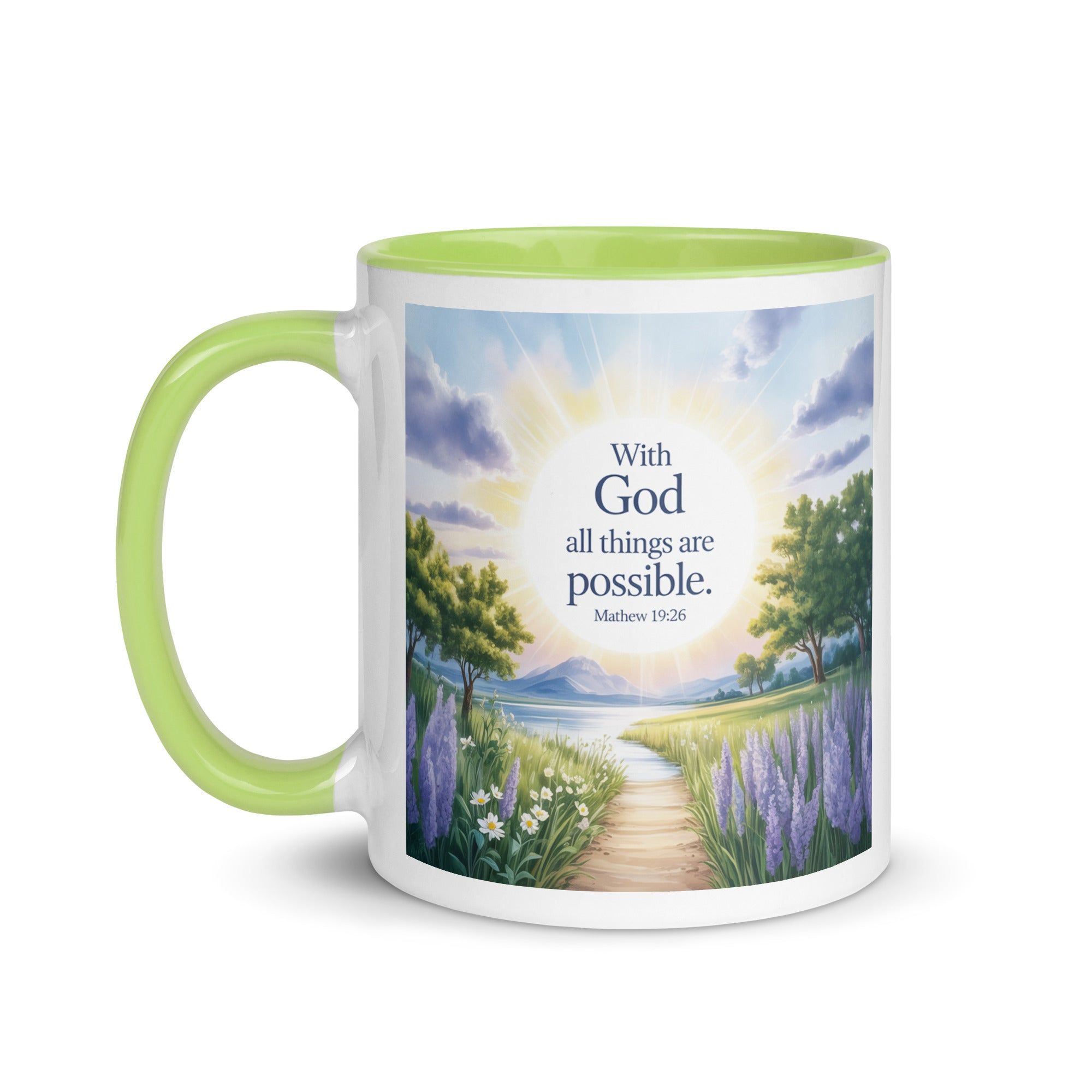 Matthew 19:26 Bible Verse Looking at White Ceramic Mug with Color Inside