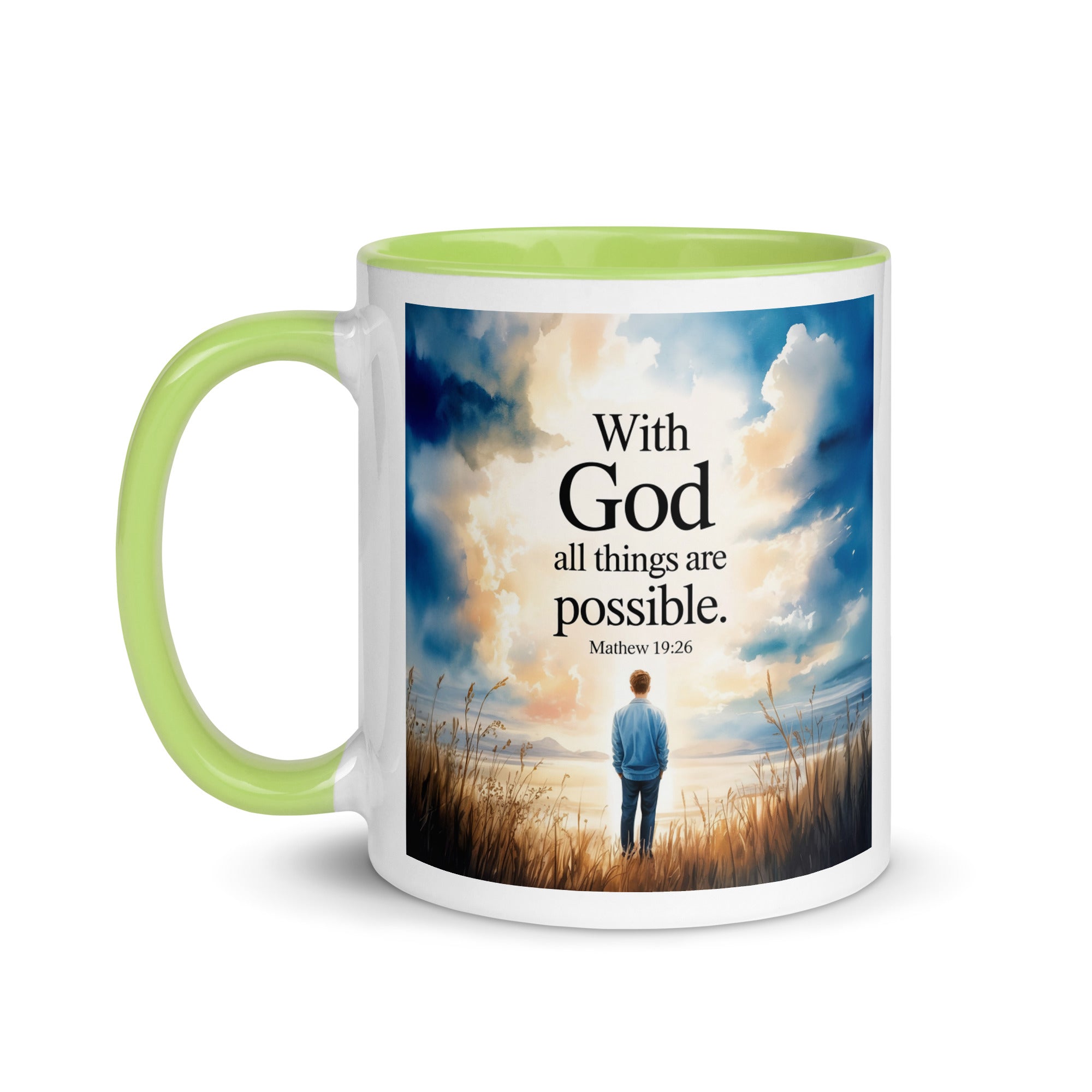 Matthew 19:26 Bible Verse Jesus White Ceramic Mug with Color Inside