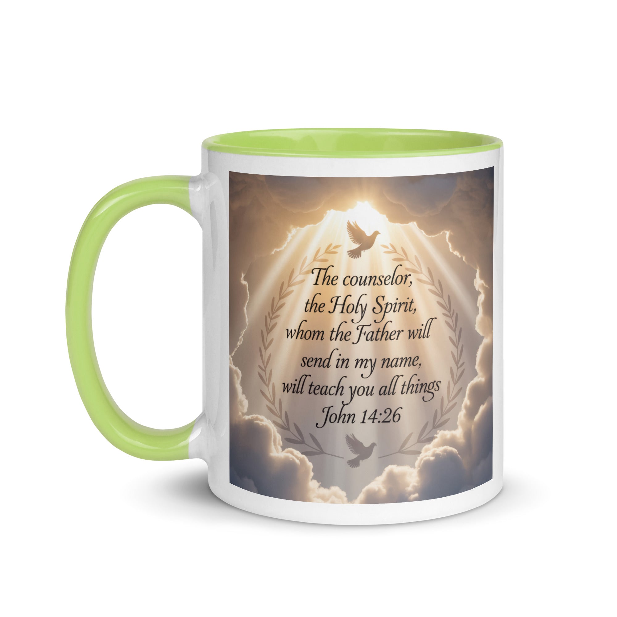 John 14:26 Bible Verse Counselor White Ceramic Mug with Color Inside