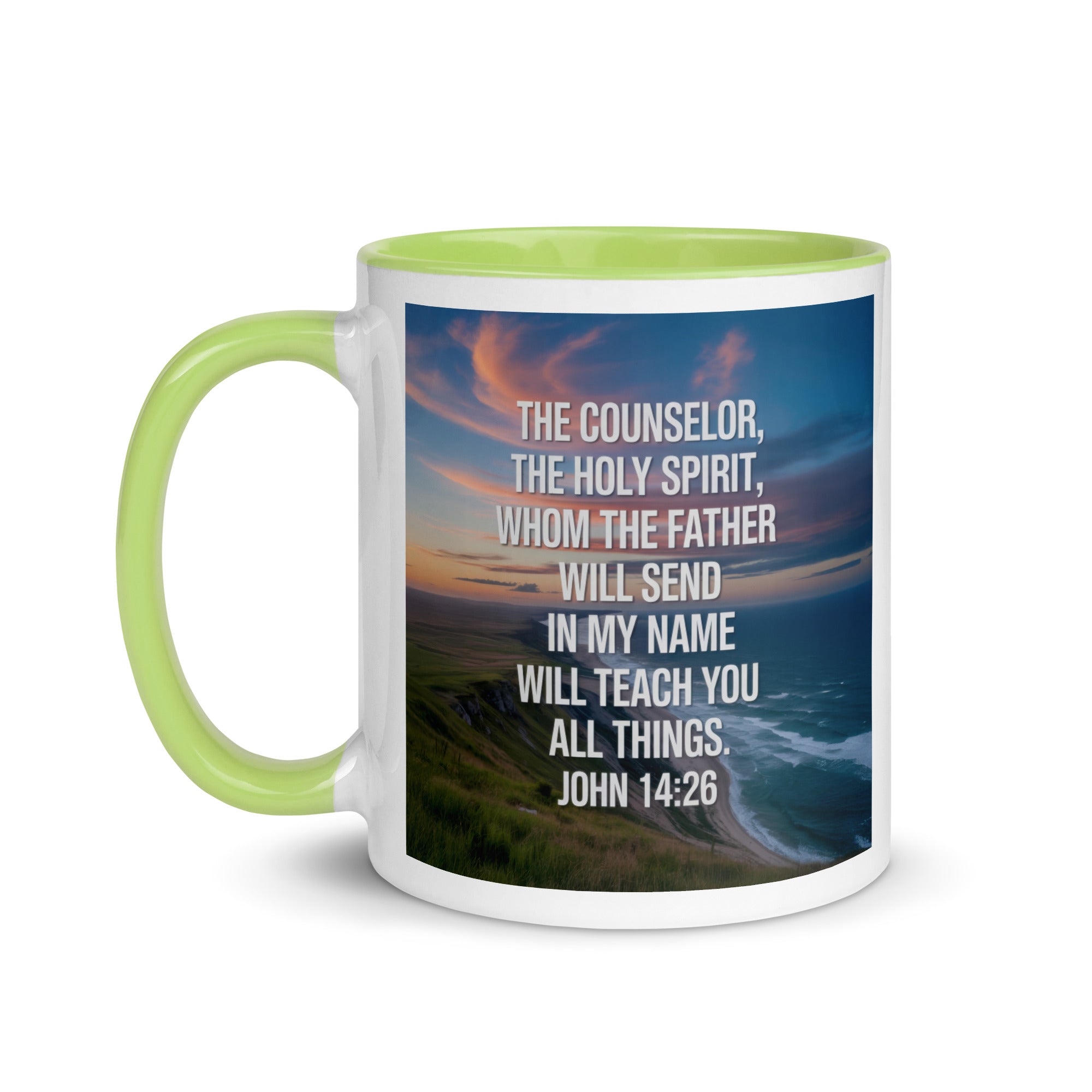 John 14:26 Bible Verse will teach White Ceramic Mug with Color Inside