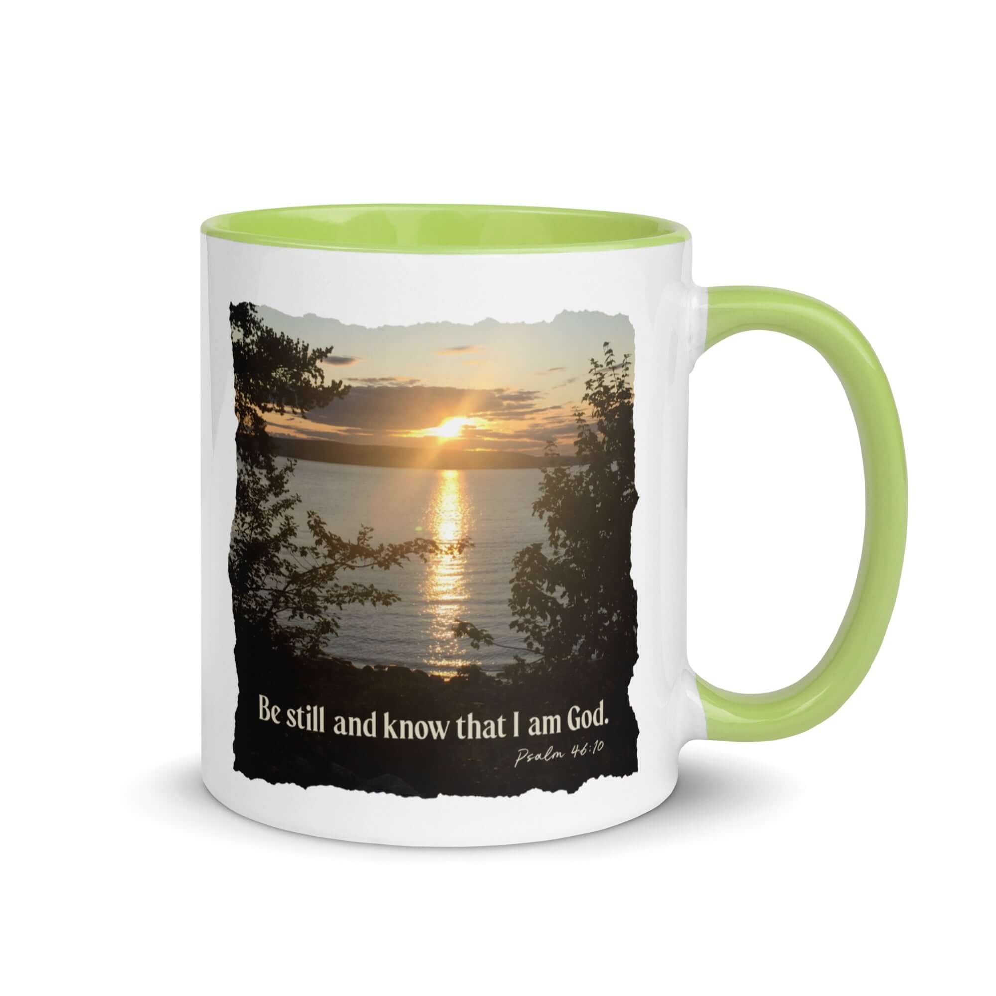 Psalm 46:10 Bible Verse, Sunset Glory White Ceramic Mug with Color Inside Green 11 oz