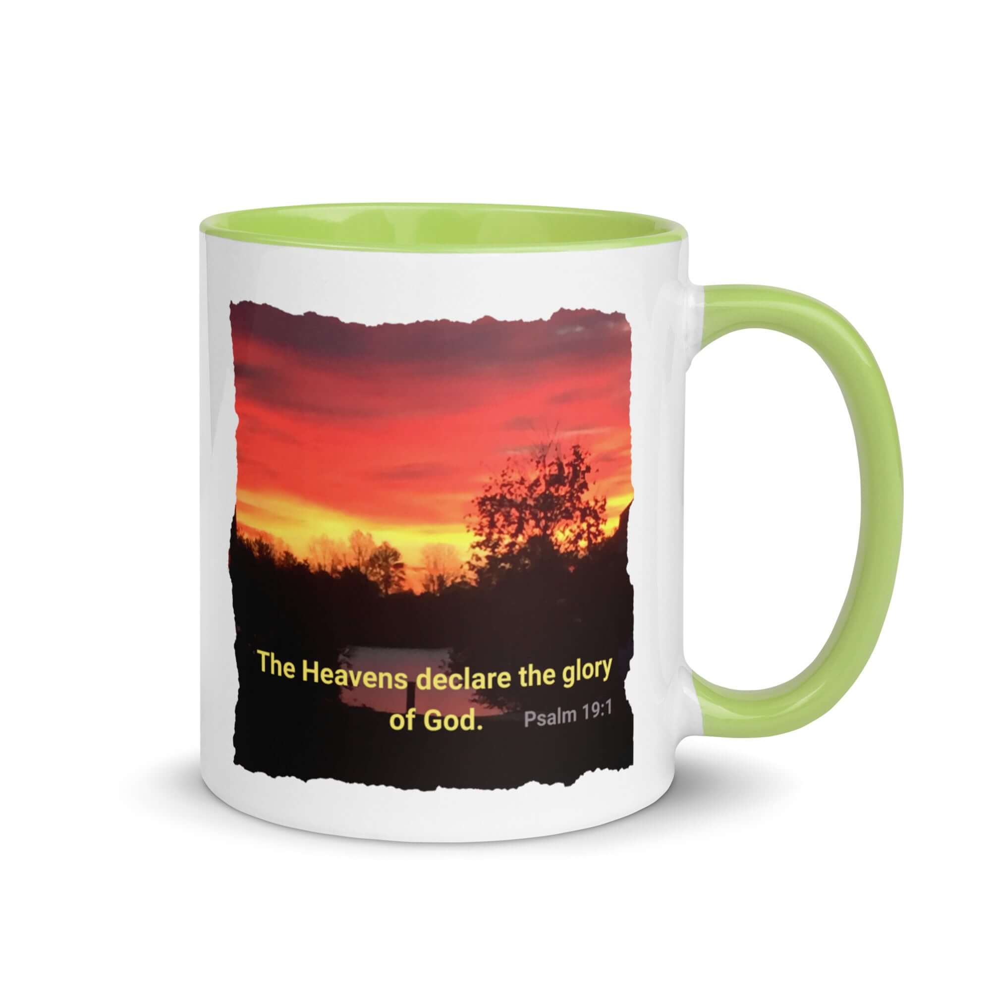Psalm 19:1 Bible Verse, Sunset Glory White Ceramic Mug with Color Inside Green 11 oz