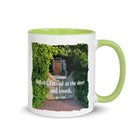 Revelation 3:20 Bible Verse, Garden Doorway White Ceramic Mug with Color Inside Green 11 oz